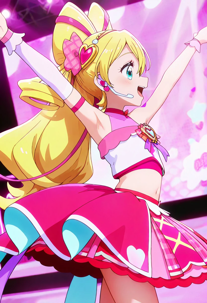 masterpiece, best quality, absurdres, very aesthetic, general,
cure idol, blonde hair, 1girl, solo, blue eyes, smile, heart hair ornament, open mouth, outstretched arms, hair bow, pink bow, wrist cuffs, pink skirt, midriff, drill hair, pink choker, spread arms, twin drills, :d, navel, profile, cowboy shot, stage, standing, heart earrings, two-tone hair, bare shoulders, from side, petals, frills, layered skirt, detached sleeves, very long hair, eyelashes, outstretched arm, dancing, ponytail, hair ribbon, pink ribbon, stage lights, pink dress, glowstick, eyepatch, concert, plaid skirt, blurry background, happy, pleated skirt, multicolored hair, neon lights, miniskirt, aqua eyes, pink hair, crop top, floating hair, audience, half updo, armpits, arms up, bangs, arm strap, frilled skirt, armlet, screen, layered dress, sleeveless shirt, shiny, puffy sleeves, arm warmers, blush, streaked hair, pink theme, heart brooch, hair bun, singing, bowtie, music, spotlight, looking to the side, puffy detached sleeves, headset
<lora:cure_idol_sakura_uta_illustXL_locon_v1:0.8>