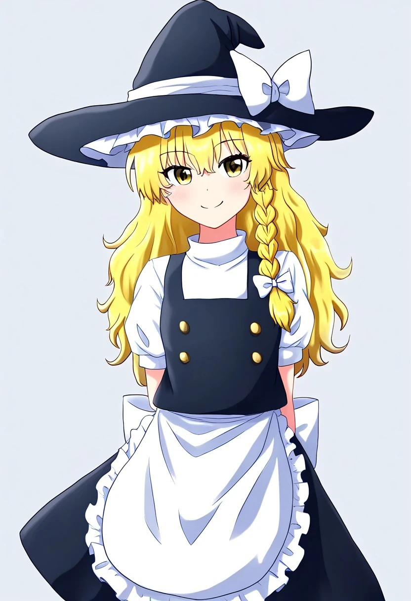 fusu style, 145, white background, 1girl, solo, looking at viewer, ((kirisame marisa)), standing, posing, smile, closed mouth, (blonde hair), braid, (long hair), single braid, hair bow, (yellow eyes), bow, hat, witch hat, hat bow, shirt, apron, white bow, black hat, vest, white shirt, black vest, black skirt
