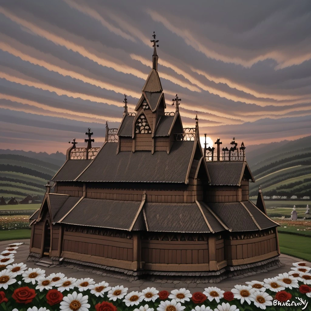 Furry dog in front of Norwegian stave church, wearing norwegian bunad, dog, bunad, stave church, stave church in background, crown, outdoors, evening, sunset, flowers,