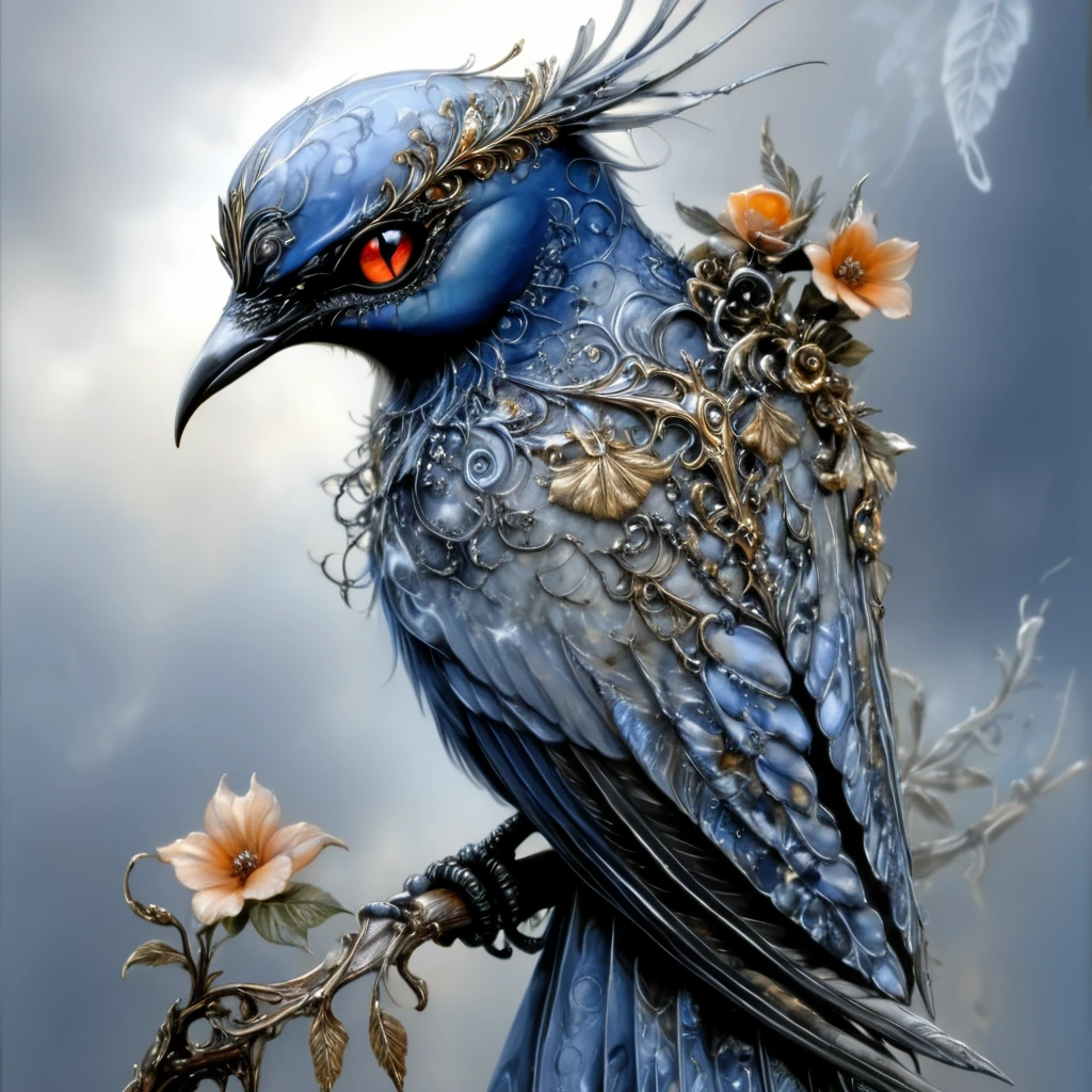 <lora:Ethereal_Gothic_EleganceSDXL:1> Ethereal Gothic Elegance, The image is a digital art piece of a bird specifically a bird with a blue body and a black head and neck. The bird is perched on a branch with white flowers and leaves. The background is a cloudy sky with a hint of blue giving the impression of a stormy sky. The bird's head is covered in intricate patterns and designs with a large orange eye and a small beak. The body of the bird is a mix of blue and black with gold accents on its wings and tail. The wings are covered in a layer of silver and gold and the tail feathers are also covered in gold and silver. The overall mood of the image is dark and mysterious with the bird appearing to be in a state of distress., no humans, bird, weapon, animal focus, solo, flower, sword, beak, red eyes, jewelry