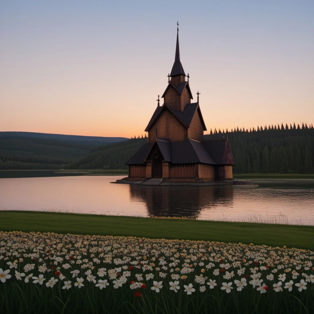 Norwegian stave church, stave church, evening, sunset, flowers, very long hair, Norwegian nature , norwegian landscape, lake, forest, flowers, beautiful sky