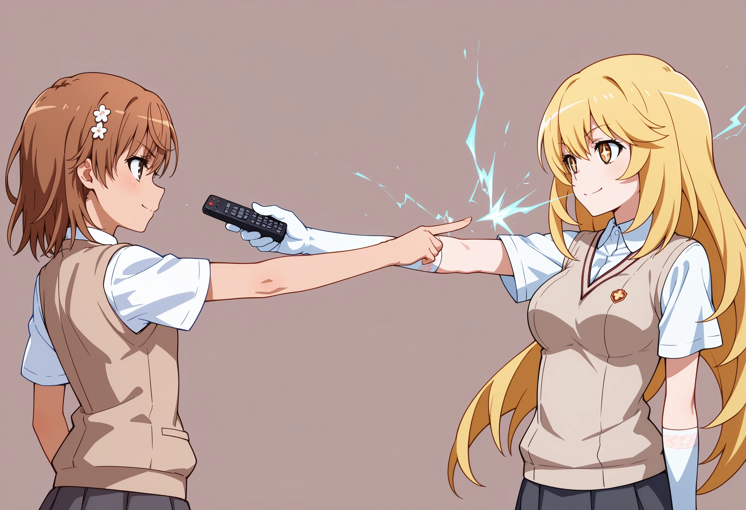 masterpiece, best quality, absurdres, safe
2girls, mexican standoff,
misaka mikoto, smile,
school uniform, tokiwadai school uniform, white gloves, elbow gloves,
holding, remote control
simple background
BREAK
masterpiece, best quality, absurdres, safe
2girls, mexican standoff,
shokuhou misaki, smile,
school uniform, tokiwadai school uniform,
[pointing:open hand:0.5], electricity, coin
simple background
<lora:mexican_standoff_il_2_d16:0.8>