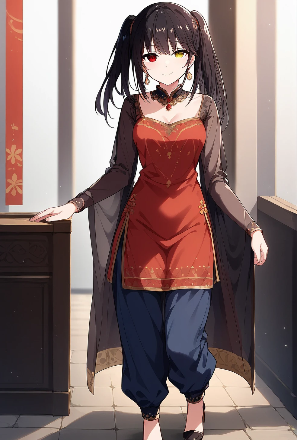 1girl, solo, score_9_up, score_9, source_anime, 1girl, solo <lora:Kurumi_Tokisaki:1> black hair, red eye, twintail hair, yellow eye, heterochromia, 1girl, solo, twintails, closed mouth, smile, looking at viewer, standing, medium breast, fullbody , depts of field,<lora:Expressive_H:1.5> expressiveh, <lora:Salwar_kameez:1> Traditional Indian, red tunic, intricate neckline, blue trousers, plain earrings, high heels, Salwar kameez, sheer sleeves, Sheer , Deep V-neckline , plain dress, shawl on chest, transparent shawl