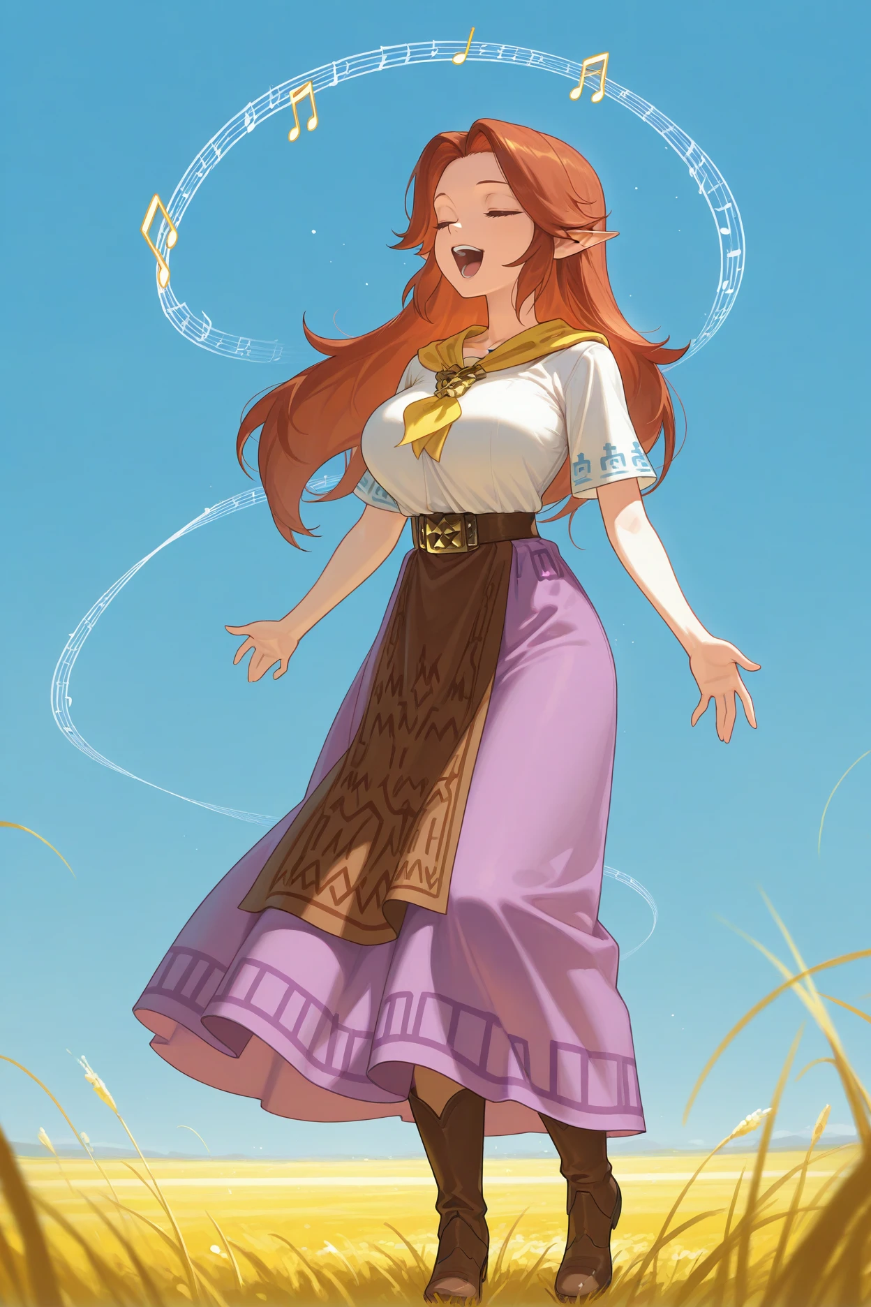 masterpiece, best quality, 1girl, solo, <lora:malon-illu-nvwls-v1:1> mal0n, auburn hair, long hair, pointy ears, yellow neckerchief, gold brooch, white shirt, short sleeves, brown belt, long skirt, purple skirt, brown apron, brown boots, large breasts, standing, full body, closed eyes, open mouth, singing, floating musical notes, field, blue sky, wide shot, happy