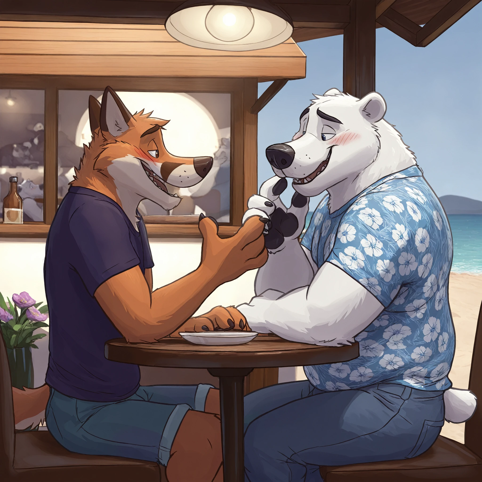 2boys, by paintfox. Male, anthro, couple, romantic dinner, side view, round table, 4fingers. BREAK 1tiger, orange body, black stripes, smirk, bedroom eyes, elbow on table, teeth, flower-pattern shirt, shorts. BREAK 1bear, polar bear, shy, blush, embarrassed, bashful smile, one hand up, t-shirt, jeans, musclegut. BREAK romantic lighting, beach background, restaurant, outside, good lighting, detailed background. <lora:Paintfox.safetensors:1.0>,