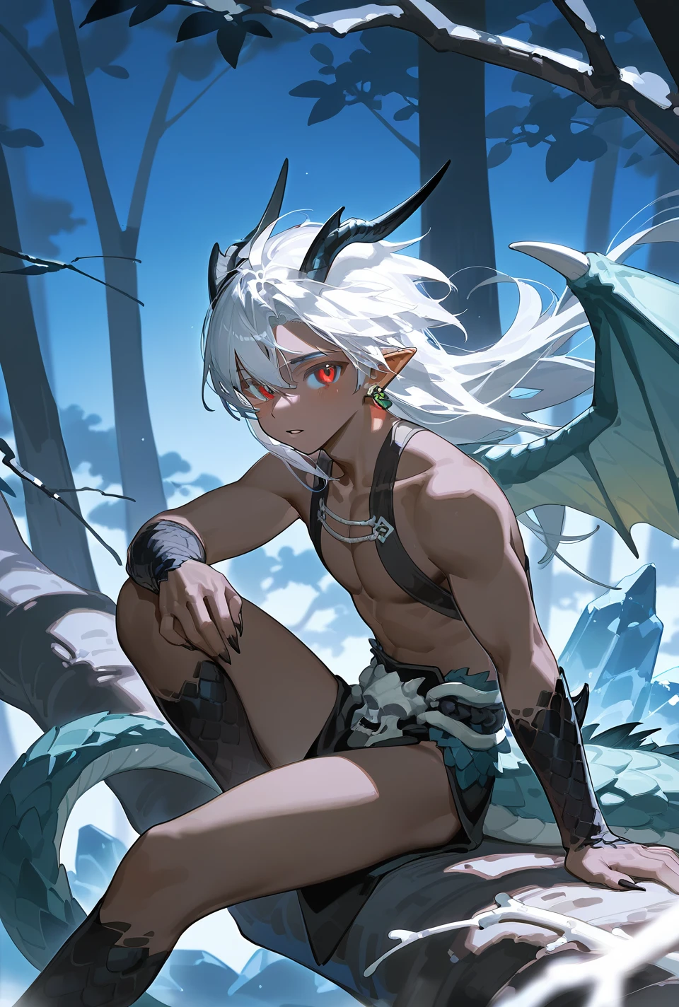 (male:2),(1boy:1),red eyes,solo,wings,horns,long hair,white hair,tree,tail,dark skin,looking at viewer,sitting,nature,forest,dark-skinned male,claws,outdoors,earrings,dragon boy,fingernails,in tree,bare tree,jewelry,collarbone,bare shoulders,colored skin,monster boy,cleavage,dragon tail,night,sharp fingernails,floating hair,ice,glowing,open mouth,bone,dragon horns,dragon wings,parted lips,scales,branch,knee up,sitting in tree,[artist:ningen_mame],artist:ciloranko,[artist:sho_(sho_lwlw)],[[tianliang duohe fangdongye]],[[artist:rhasta]],best quality,amazing quality,very aesthetic,absurdres,masterpiece,