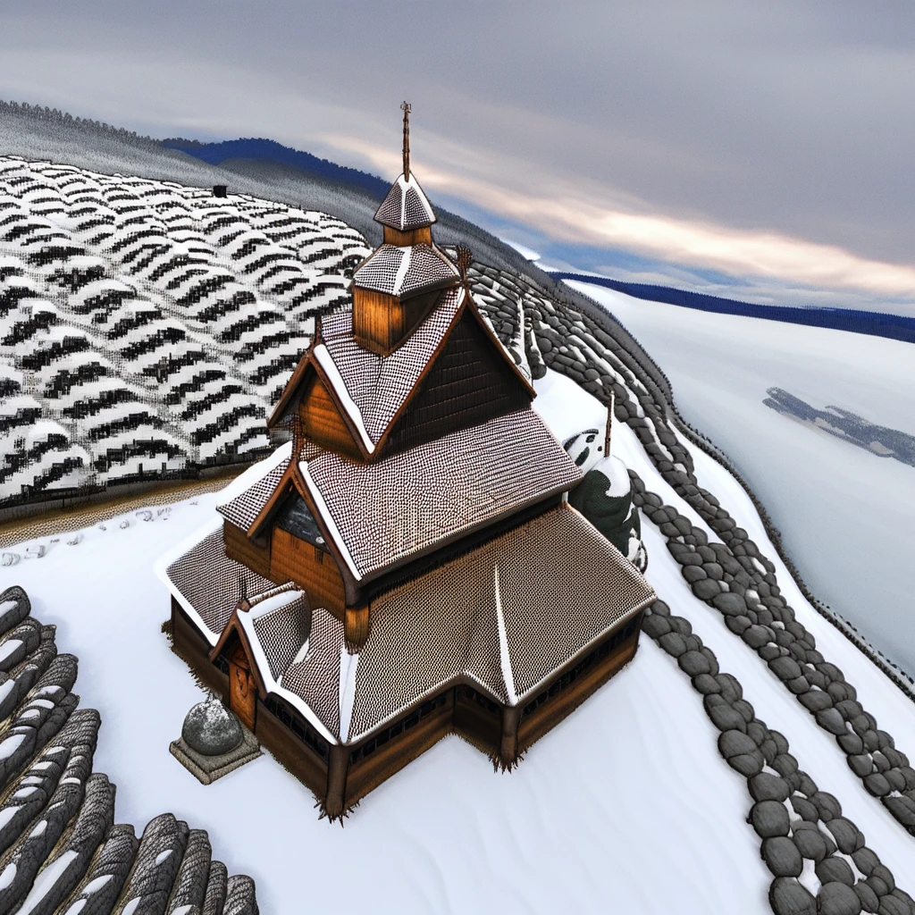 white background, east asian architecture, forest, cloud, castle, from above, church, clock tower, viking, solo, scenery, mountain, norway, no humans, snow, nature, 1boy, path, fence, house, day, cloudy sky, antlers, pony, rock
