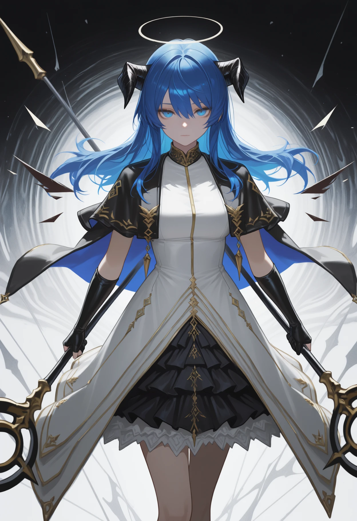 masterpiece, best quality, newest, solo, 1girl, most1maspell, black wings, energy wings, detached wings, expressionless, looking at viewer, dual wielding, holding staff, holding polearm, blue hair, hair between eyes, black horns, demon horns, halo, blue eyes, black capelet, layered dress, white dress, black dress, black gloves, elbow gloves, partially fingerless gloves, abstract background, surreal
<segment:yolo-Anzhc Face seg 640 v2 y8n.pt,0.4,0.5//cid=1>