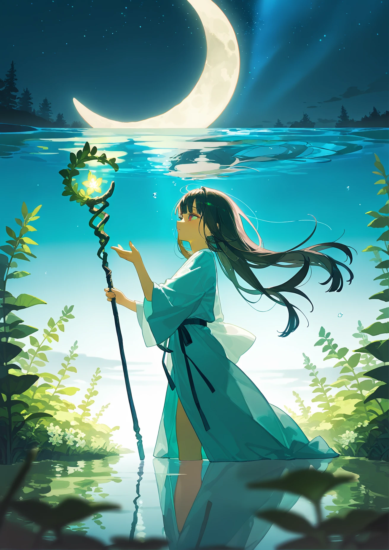 masterpiece, best quality, year 2024, newest, highres, absurdres, illustration, (inverted reflection:1.2), underwater, (kelp forest:1.1), seaweed, light rays, caustics, blue theme, green theme, floating particles, (glowing plants:0.8), bioluminescent, starry sky, crescent moon, flower field, (glowing flowers:0.8), 1girl, witch, floating, long robe, staff, chromatic aberration, light particles, double exposure, cold colors, warm color accents, (transparent background:0.8), flowing elements, quasarcake:0.4, (mika pikazo:0.8), (rei \(sanbonzakura\):0.7), tsuruse0.2, (wlop:0.1), (nixeu:0.1), masterpiece,best quality,amazing quality,very aesthetic,high resolution,ultra-detailed,absurdres,scenery,depth of field,BREAK hands,fingers,finger nails,(detailed eyes, detailed skin, detailed hair:1.2),photorealistic,masterpiece,best quality,amazing quality,very aesthetic,high resolution,ultra-detailed,absurdres,newest,scenery,(artist:ningen_mame),artist:ciloranko,(artist:sho_(sho_lwlw)),((tianliang duohe fangdongye)),((artist:rhasta)),(nyalia)