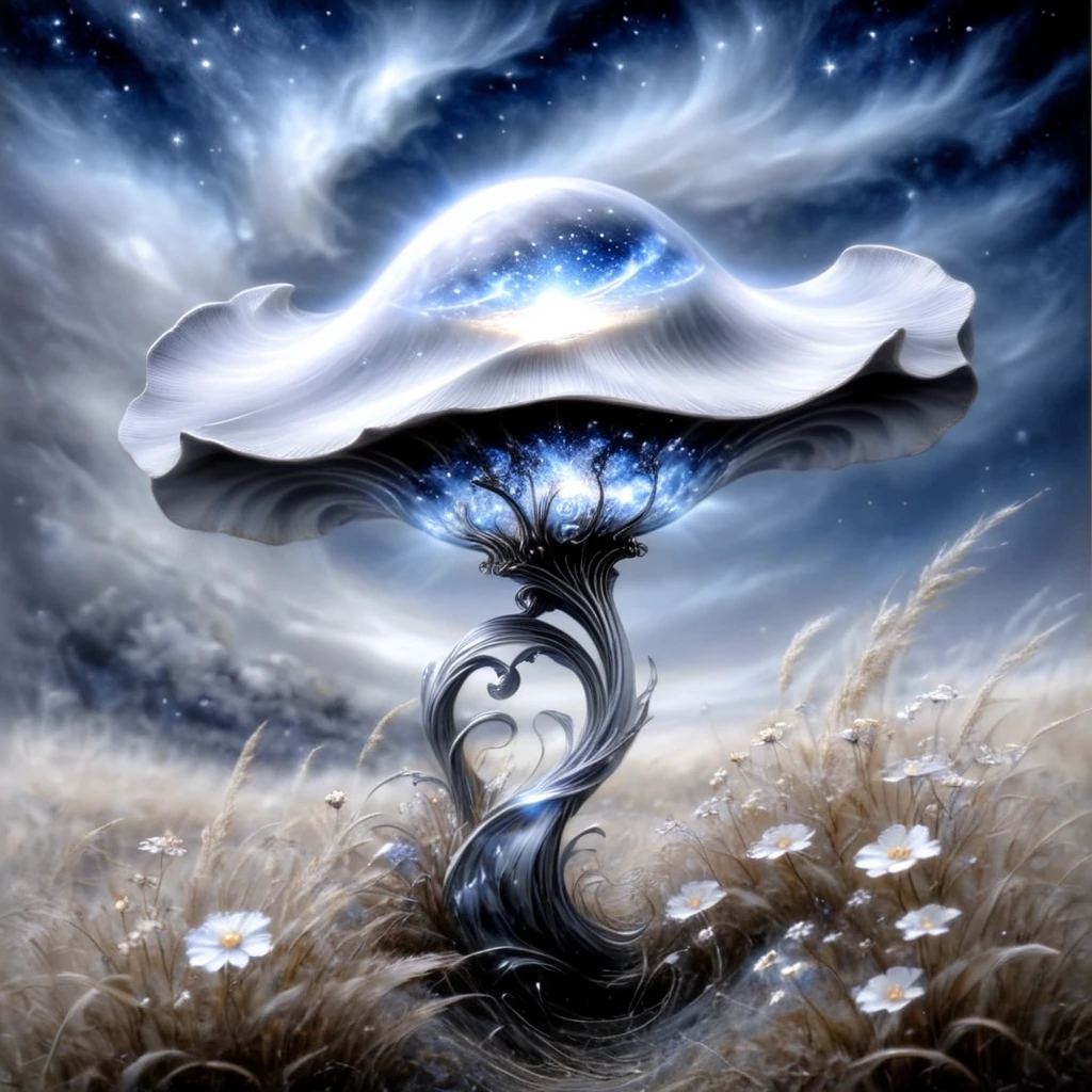 <lora:Ethereal_Gothic_EleganceSDXL:1> Ethereal Gothic Elegance, The image is a digital art piece that appears to be a surreal landscape with a large spherical object in the center. The object is made up of a series of curved lines and curves that create a wave-like pattern. The lines are silver in color and appear to be glowing giving the impression of a glowing light. The background is dark and cloudy with a hint of blue and white. The overall mood of the image is mysterious and ethereal. The object is surrounded by a field of tall grass and shrubs with small white flowers scattered throughout. The sky is filled with stars and a nebula creating a sense of depth and mystery. The colors are mostly blue and gray with hints of white and yellow giving it a dreamlike quality. Overall the image has a surreal and dreamlike feel to it., mushroom, no humans, tree, outdoors, scenery, glowing, flower, sky, cloud, fantasy