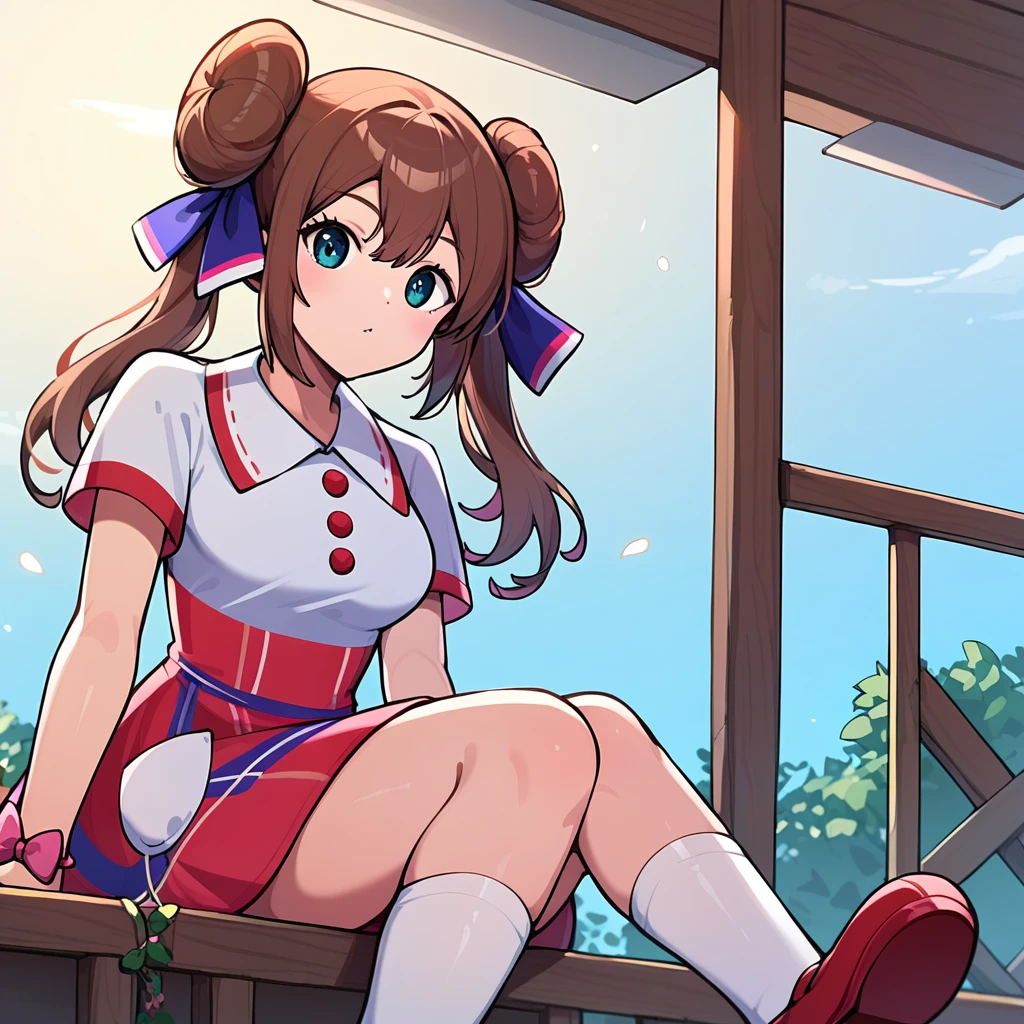 score_9,score_8_up,score_7_up,source_anime, masterpiece, best quality, amazing quality, 1girl, solo, sitting, sunny, sky, rosalnb, brown_hair, blue_eyes, hair_ribbon, double_bun, twintails, dress, collared_shirt, white_shirt, red_skirt, multicolored_clothes, short_sleeves, red_buttons, white_pockets, pink_bracelet, ribbon_bracelet, knees, white_socks, red_footwear, mary_janes
