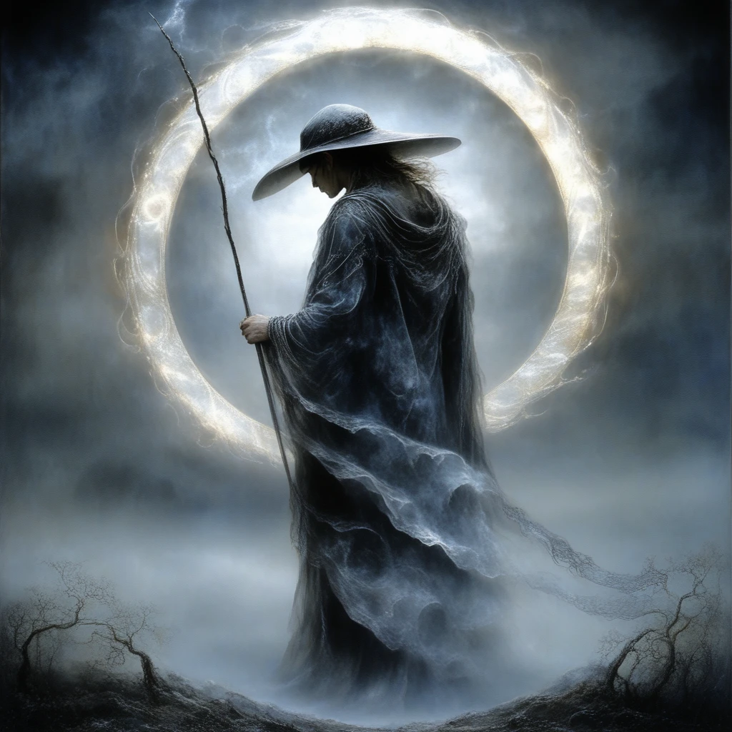 Ethereal Gothic Elegance, The image is a digital art piece that appears to be a fantasy or sci-fi scene. It shows a person standing in a foggy landscape with a large circular halo in the background. The person is wearing a long dark cloak and a hat and is holding a long staff in their right hand. The cloak is draped over their body and their left hand is resting on their hip. The halo is made up of a series of curved lines that form a circle around the person's head creating a sense of depth and dimension. The background is filled with dark clouds and fog giving the image a mysterious and eerie feel. The overall mood of the image is dark and ominous., moon, solo, hat, staff, holding, 1boy, holding staff, tree, male focus, bare tree
