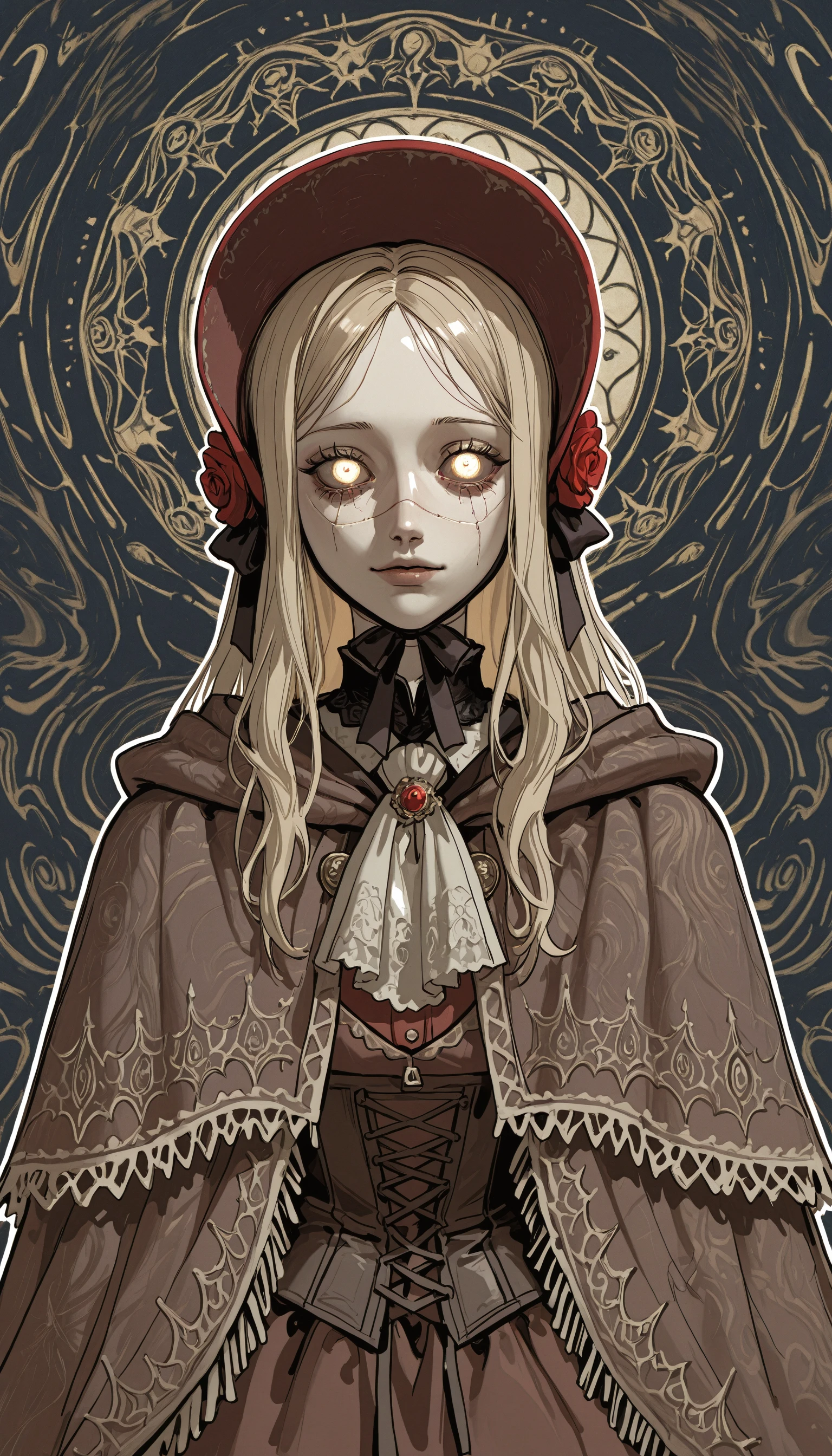 (JJ-Illu, sketch, splash_page, abstract_background, abstract_colors, guide_lines, bad_quality, outline, traditional_media, horror_\(theme\))
bloodborne plain_doll 1girl 2024 artist_name ascot blonde_hair bonnet brown_bonnet brown_cloak cloak dated doll doll_joints dress flower glowing glowing_eyes hat hat_flower horror_(theme) jewelry joints long_hair looking_at_viewer rose solo white_eyes