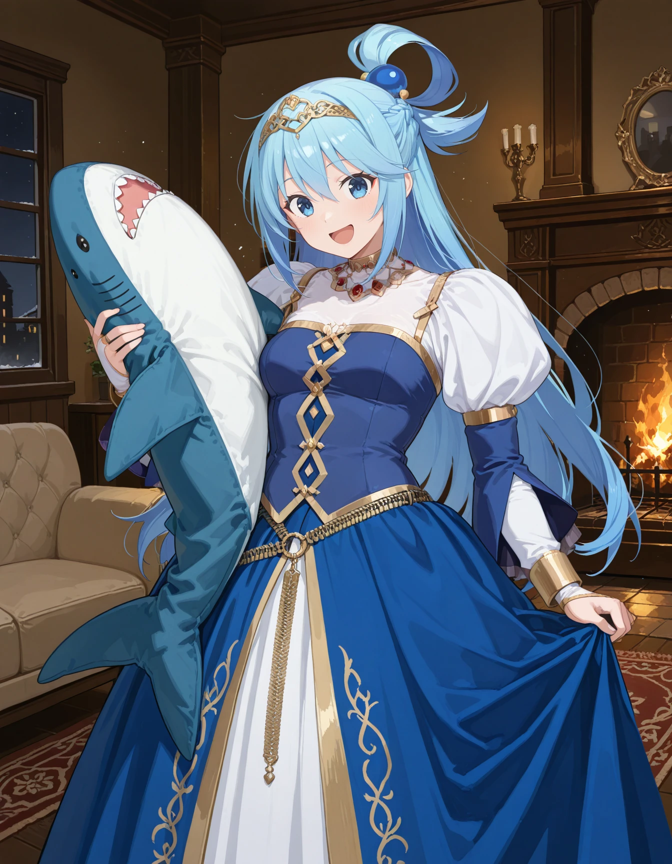 1girl, solo, aqua \(konosuba\)  blue ballgown, white clothing, long skirt, (gold diadem), dramatic eyeliner, armlets, petticoat, bridal gauntlets, gem, blue corset, shoulder straps, very long juliet sleeves, necklace, turtleneck, ornate clothing, (blue puffy sleeves), jewelry, belt accessory, belt chain, <lora:DamselElodieBridal-ILXL2025-02-04_00-26-47-save-600-24-0:0.8>, looking at viewer,  standing, couch, fireplace, happy, excited, holding ikea shark cowboy shot, masterpiece, best quality, very aesthetic, newest