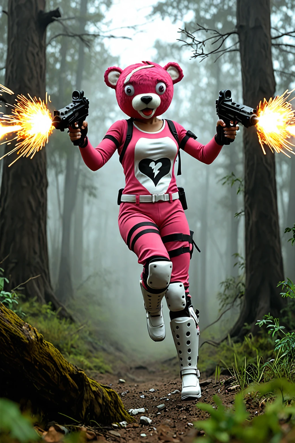 masterpiece, good quality, best quality, very awa, very as2, absurdres, highres,
<lora:Cuddle team leaderFortnite illuLoRA:1> cuddlebear, bear head, animal ears, costume, shoulder holster, armband, fingerless gloves, heart (symbol), belt, thight strap, (single white knee ped, single white shin guard), pink pants, boots, explosions, thick forest, (jumping), upper body, holding pistols, dual wieldiing, firing, dynamic motion
