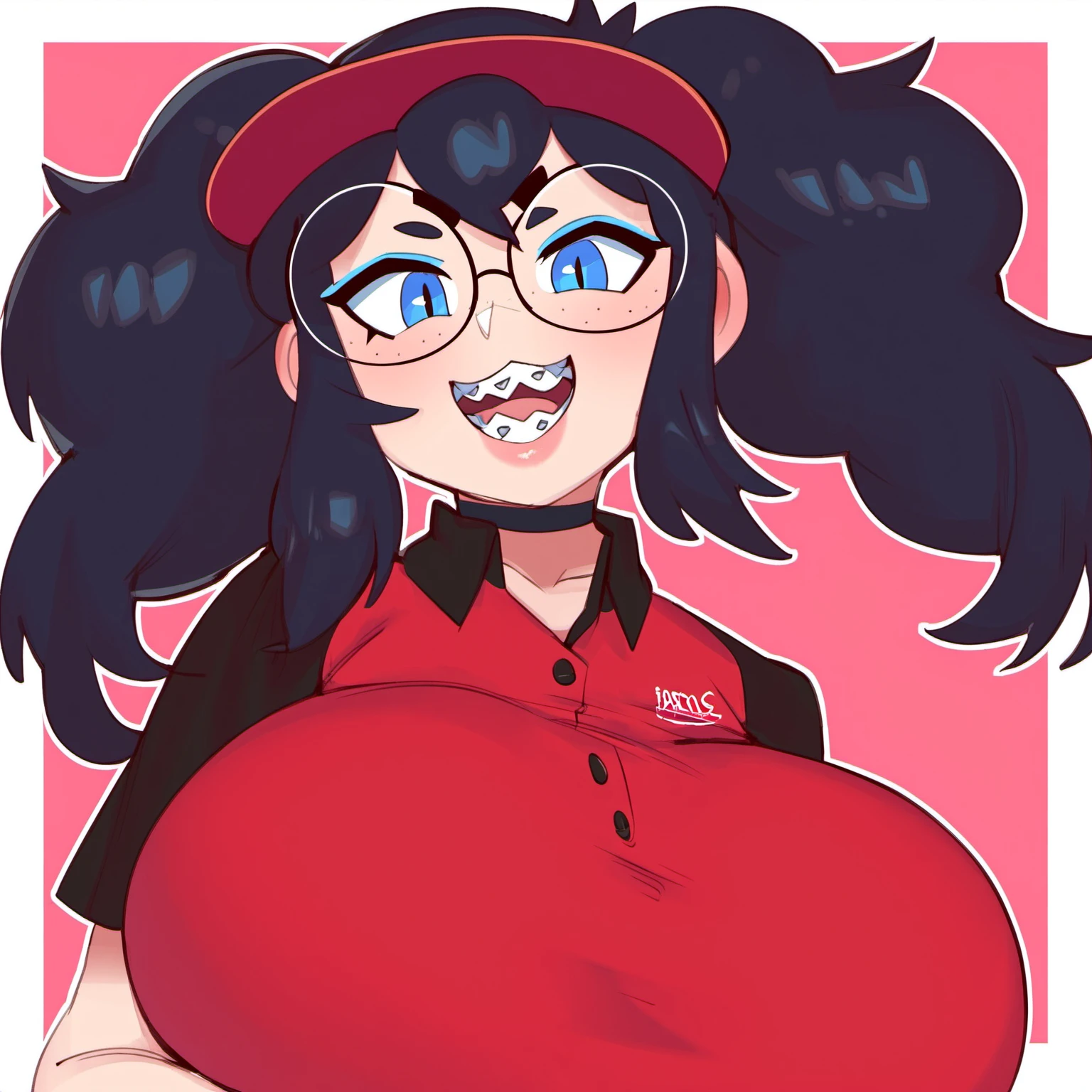 t1ps woman, twintails, glasses,  blue eyes, t1ps teeth, pt shirt, braces, close up, pt visor  <lora:tips_r128_02_resized:1>