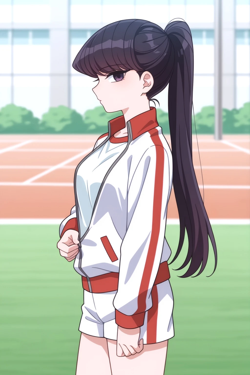 <lora:Shouko_Komi:0.8> Shouko Komi, solo, long hair, looking at viewer, shirt, black hair, jacket, white shirt, ponytail, outdoors, cowboy shot, shorts, solo focus, blurry, from side, blurry background, profile, white jacket, track jacket, gym uniform, white shorts, partially unzipped, gym shorts, unzipping