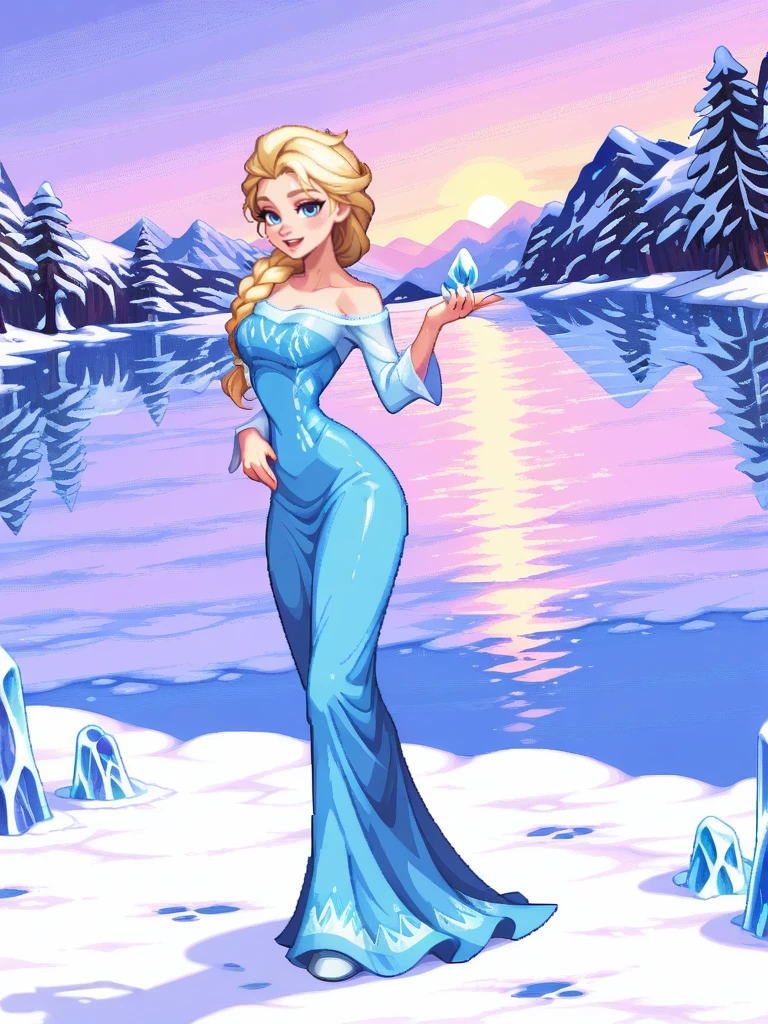 highres, hi res, best quality, masterpiece,,
1girl, medium breasts, narrow waist, wide hips, (ElsaXL:1.1), blonde hair, blue eyes, single braid, hair over shoulder, blue dress, bare shoulders, long sleeves, long skirt,
light smile, dutch angle, sexy pose, looking at viewer, snow, ice rocks, lake, outdoors, daylight, dynamic pose, from side, on hand on open mouth,
<lora:ElsaXL_Character:0.75><lora:dnfstyle-IL:1> 1girl,solo,dnfstyle,pixel art,full body,,