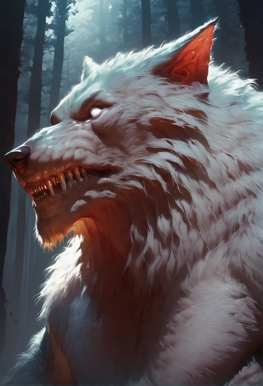 <lora:WillCorv_v2:1> willcorv_v2, score_9, score_8_up, score_7_up, source cartoon, 1boy, werewolf, no pupils, shaggy white long fur, forest, night, sharp teeth, (((white fur, white eyes))), complex background, (detailed background), close up sharp details, intricate details, detailed fur, side view