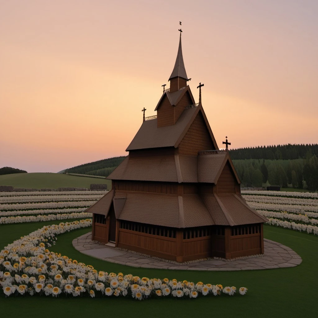 Young female character in front of a Norwegian stave church, wearing norwegian bunad, woman, bunad, stave church, stave church in background, crown, outdoors, evening, sunset, flowers, very long hair, orange hair, Norwegian bunad, norwegian stave church, beautiful face, freckles, brown eyes