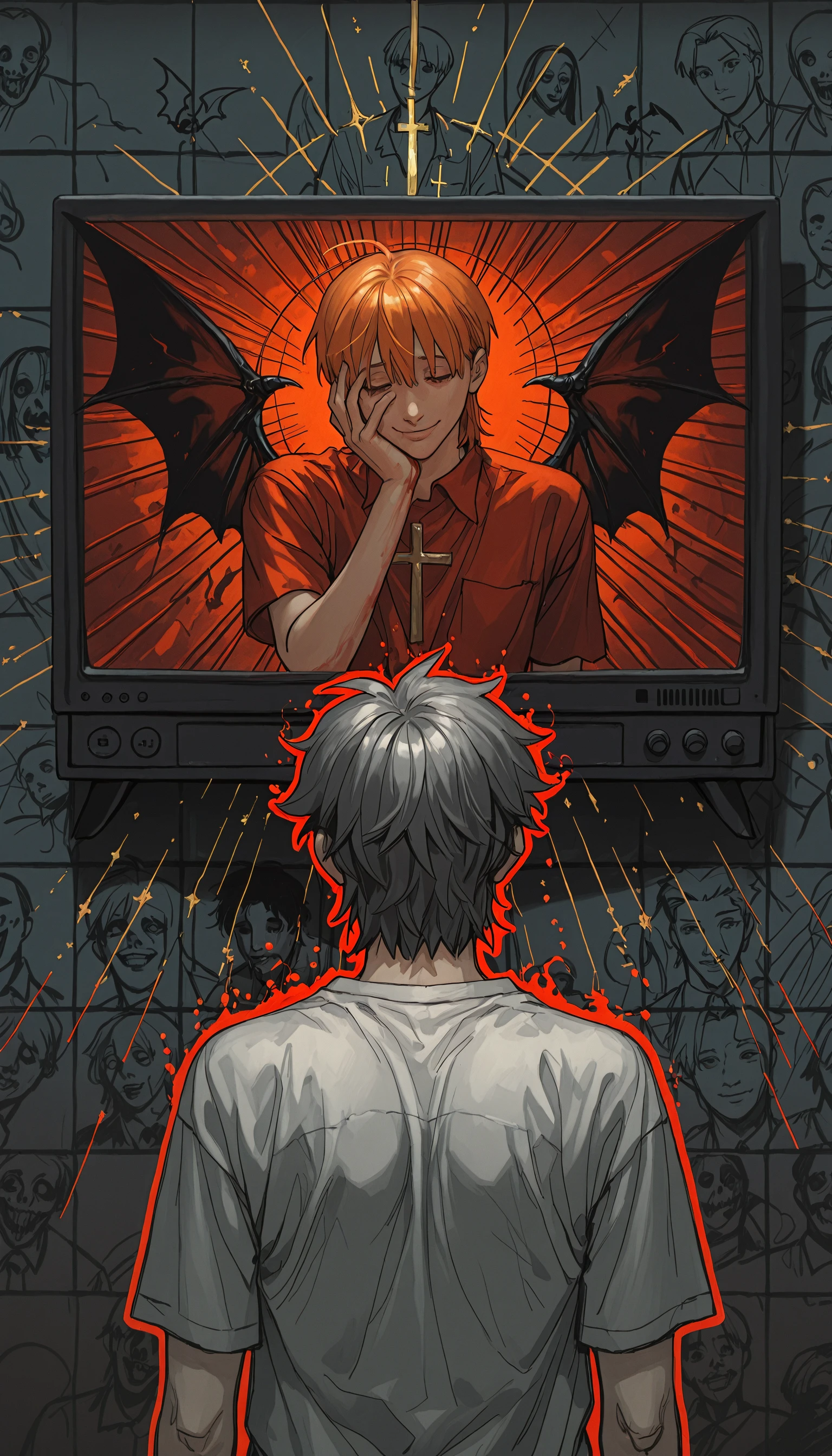 (JJ-Illu, sketch, splash_page, abstract_background, abstract_colors, guide_lines, bad_quality, outline, traditional_media, horror_\(theme\))
smile, short_hair, bangs, black_hair, shirt, closed_mouth, closed_eyes, upper_body, tile_wall, red_theme, floor_tiles, vaporwave, short_sleeves, male_focus, wings, multiple_boys, grey_hair, orange_hair, from_behind, sparkle, blood, 2boys, cross, fate/stay_night, hand_on_own_face, dark_aura, hair_over_eyes, bat, television