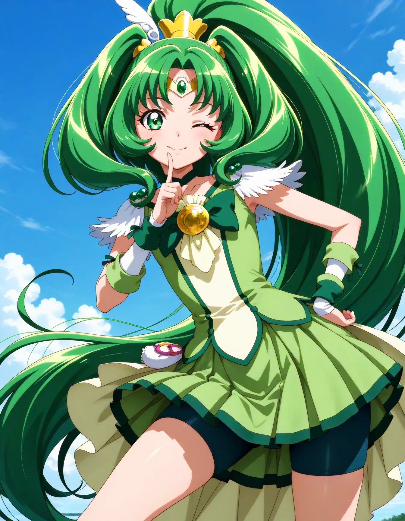 <lora:dmd2_sdxl_4step:1>,official style,masterpiece,best quality,newest,absurdres,highres,very awa,Anime,anime coloring,anime screencap,<lora:Cure_March_V1:1>,cure march,1girl,green eyes,high ponytail,tri tails,green hair,very long hair,hair ornament,wing ornament,jewerly,circlet,green choker,gold hairclip,green bow,green shorts,green skirt,bike shorts,shorts under skirt,green wrist cuffs,detached sleeves,smile,stylish_pose,tongue_out,one eye closed,finger_to_mouth,