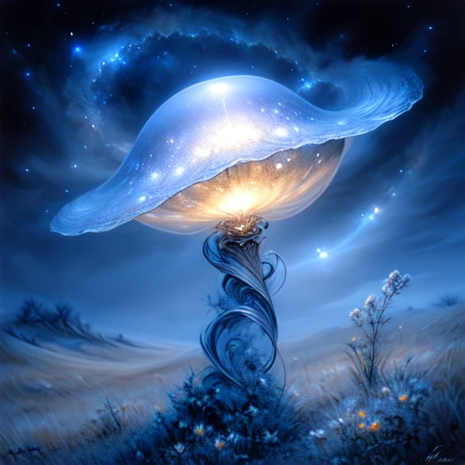 <lora:Ethereal_Gothic_EleganceSD1:1> Ethereal Gothic Elegance, The image is a digital art piece that appears to be a surreal landscape with a large spherical object in the center. The object is made up of a series of curved lines and curves that create a wave-like pattern. The lines are silver in color and appear to be glowing giving the impression of a glowing light. The background is dark and cloudy with a hint of blue and white. The overall mood of the image is mysterious and ethereal. The object is surrounded by a field of tall grass and shrubs with small white flowers scattered throughout. The sky is filled with stars and a nebula creating a sense of depth and mystery. The colors are mostly blue and gray with hints of white and yellow giving it a dreamlike quality. Overall the image has a surreal and dreamlike feel to it., mushroom, no humans, tree, outdoors, scenery, glowing, flower, sky, cloud, fantasy