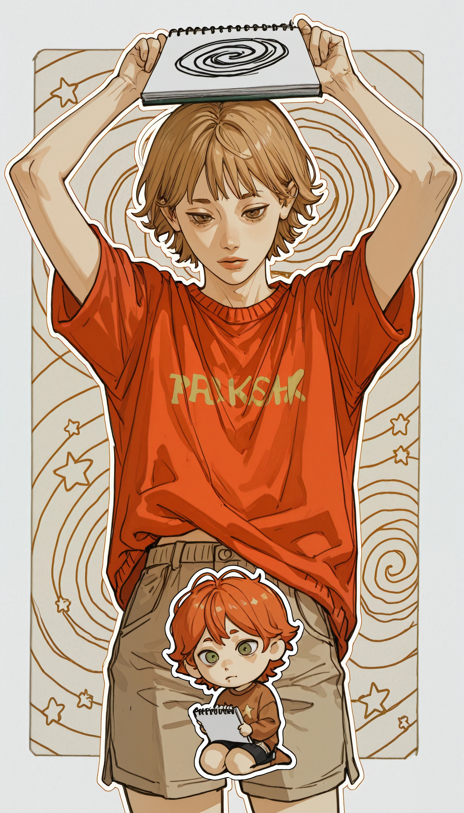 (JJ-Illu, sketch, spiral_background, splash_page, abstract_background, abstract_art, abstract_colors, guide_lines, bad_quality, outline, star_(symbol), sketch_page, sketchbook, traditional_media)
1girl, solo, looking_at_viewer, short_hair, bangs, blonde_hair, brown_hair, shirt, 1boy, long_sleeves, original, brown_eyes, holding, sitting, green_eyes, closed_mouth, standing, upper_body, short_sleeves, male_focus, red_hair, multiple_boys, parted_lips, shorts, 2boys, chibi, star_(symbol), orange_hair, sketch, arms_up, sweater, lips, traditional_media, multiple_views, shadow, looking_down, messy_hair, red_shirt, seiza, outline, sign, brown_shirt, orange_shirt, red_sweater, hands_on_own_head, haikyuu!!