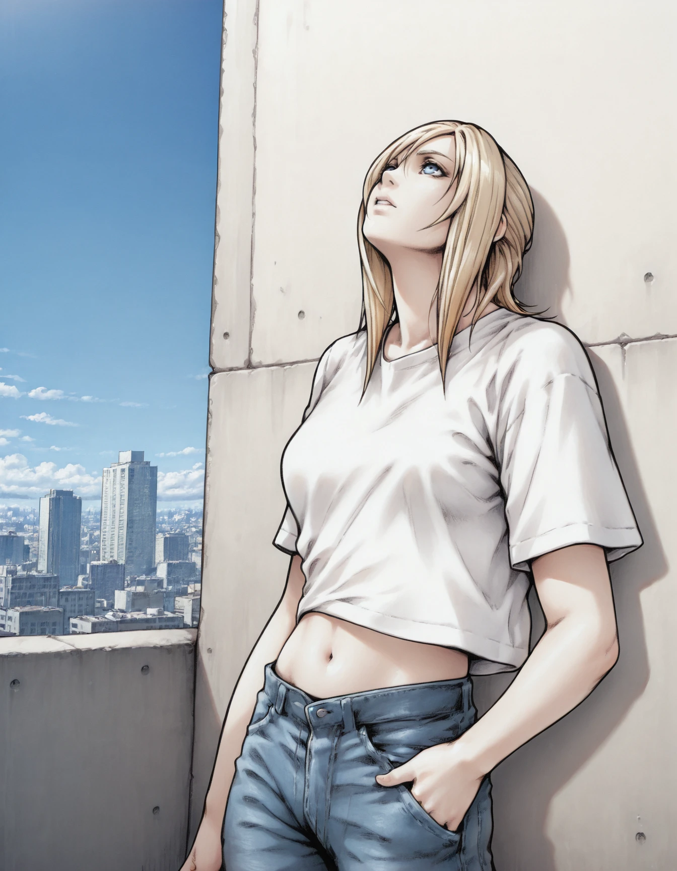 <lora:aya-brea-illustrious-000007:1> aya brea, blue eyes, blonde hair, white shirt, t-shirt, midriff, jeans, blue sky, city, hand in pocket, looking up, wall, masterpiece, best quality
