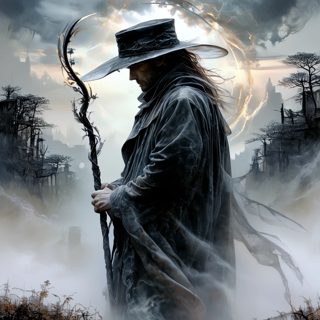 Score_9, score_8_up, score_7_up, score_6_up, BREAK <lora:Ethereal_Gothic_ElegancePony:1> Ethereal Gothic Elegance, The image is a digital art piece that appears to be a fantasy or sci-fi scene. It shows a person standing in a foggy landscape with a large circular halo in the background. The person is wearing a long dark cloak and a hat and is holding a long staff in their right hand. The cloak is draped over their body and their left hand is resting on their hip. The halo is made up of a series of curved lines that form a circle around the person's head creating a sense of depth and dimension. The background is filled with dark clouds and fog giving the image a mysterious and eerie feel. The overall mood of the image is dark and ominous., moon, solo, hat, staff, holding, 1boy, holding staff, tree, male focus, bare tree