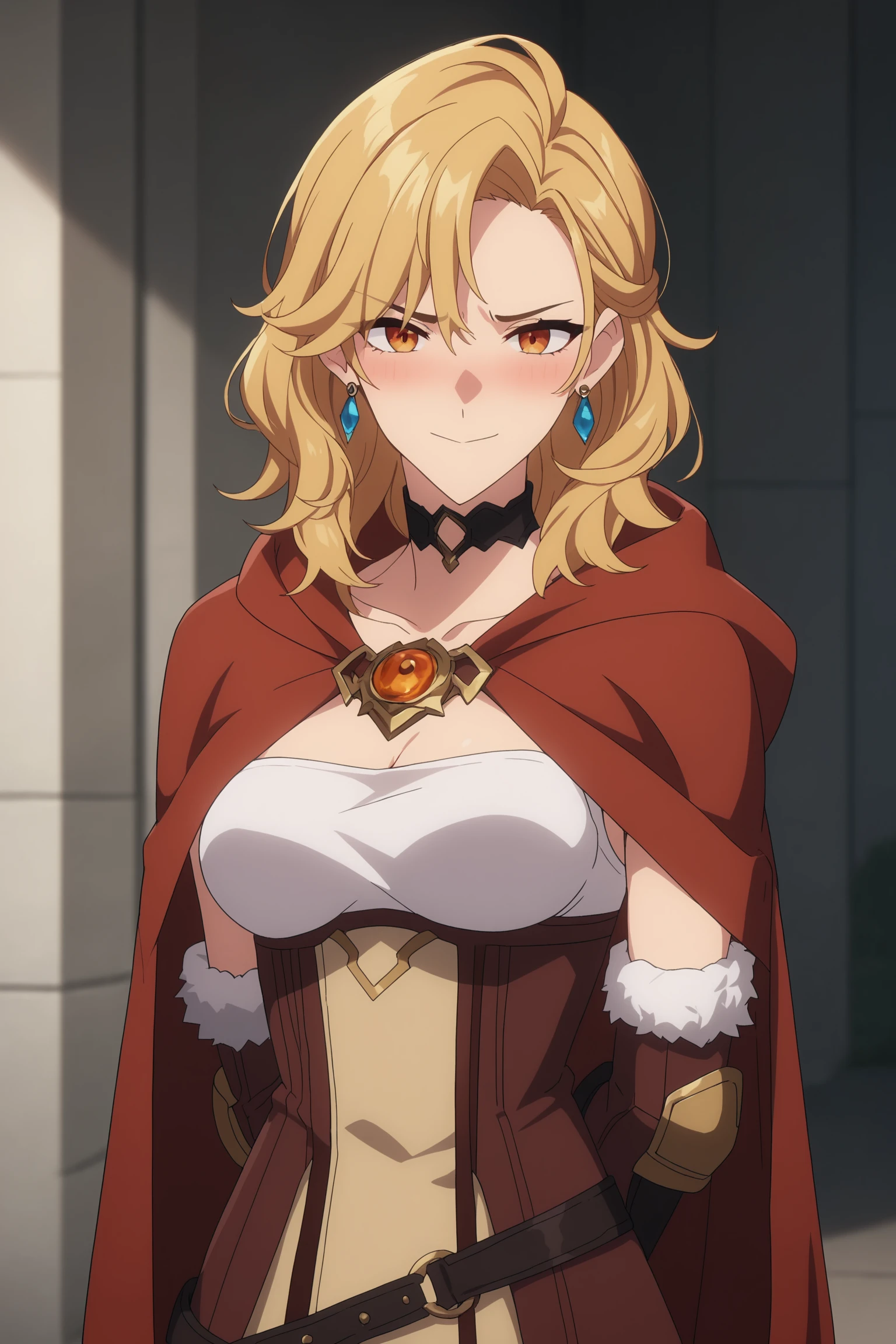 score_6_up, score_5_up, score_4_up, score_9, score_8_up, score_7_up, highly detailed, anime_source, anime_screencap, anime coloring, 1girl, solo, breasts, looking at viewer, smile, blonde hair, gloves, jewelry, earrings, choker, elbow gloves, hood, medium hair, cape, orange eyes, fur trim, black choker, red cape, gina_solo, <lora:RGV_gina_solo:0.9>, indoor, looking at down, head down, embarrassed, blushing, shy, arms behind back