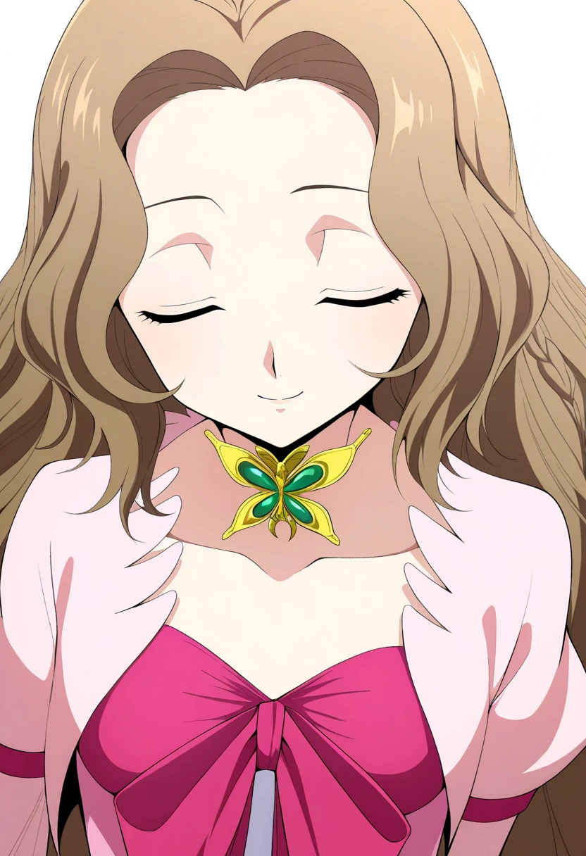 masterpiece, best quality, very aesthetic, absurdres,
1girl, nunnally, long hair, brown hair, closed eyes,
dress,
upper body,
smile, solo, simple background, white background, <lora:NunnallyViBritanniaNoobXL_byKonan:1>