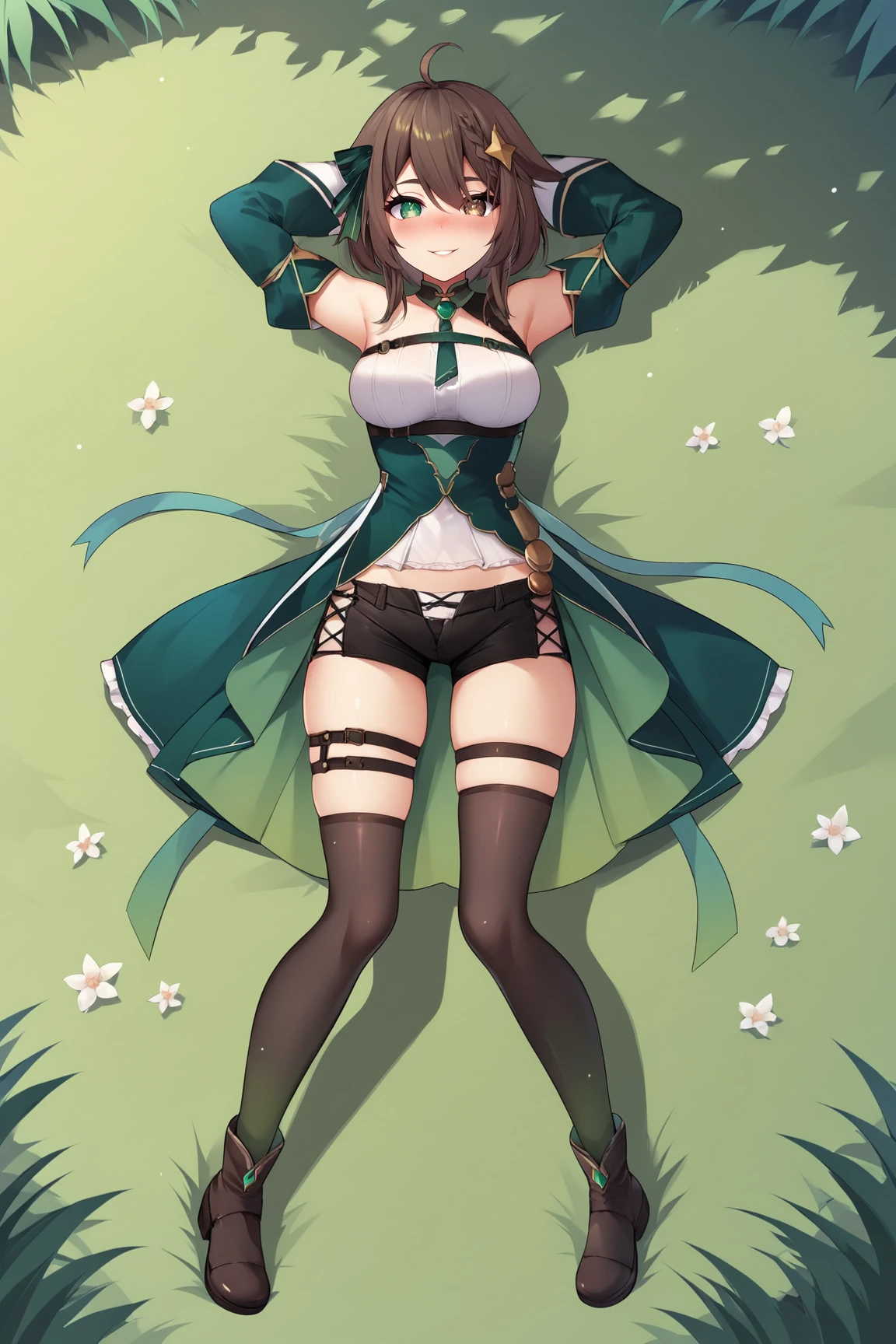 score_9, score_8_up, score_7_up, score_6_up, BREAK, Meica05VTXLv2, heterochromia, green eyes, (brown eye), brown hair, short hair, hair ornament, hair between eyes, braid, ahoge, ribbon hair, green ribbon, medium breasts, green necktie, off shoulder, green dress, long sleeves, black shorts, short shorts, black thighhighs, thigh strap, back shoes, solo, full body, (lying on grass), on back, arms behind head, seductive smile, looking at viewer, naughty face, nose blush, forest, tree <lora:Meica05VTXLv2:0.8>