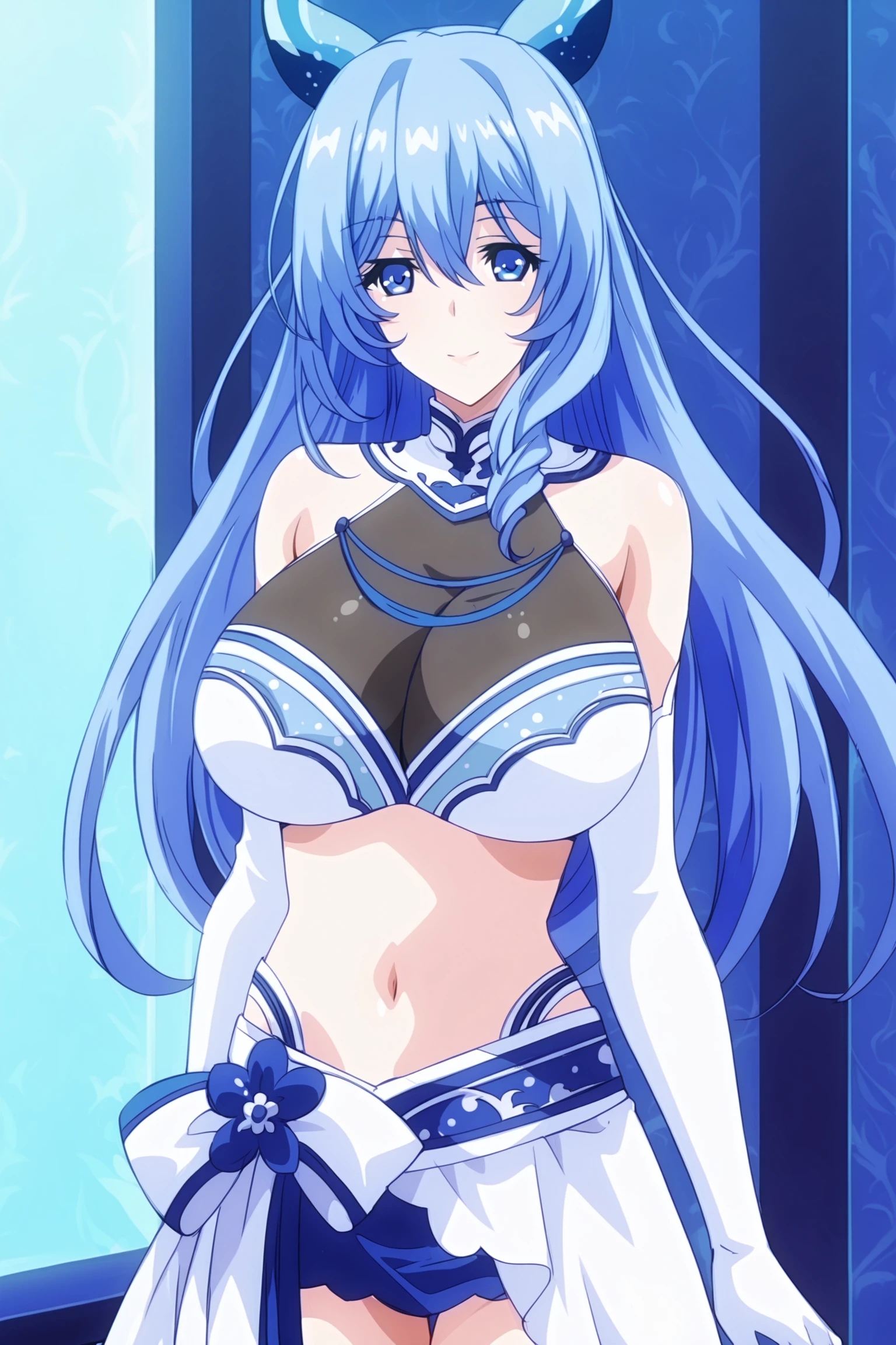 portrait,aoemai, hair ribbon, pale skin, blue hair, purple eyes, sidelocks, drill sidelock, hair between eyes, looking at viewer, :d, 1girl, breasts, solo, long hair, blue hair, navel, elbow gloves, looking at viewer, purple eyes, gloves, midriff, bare shoulders, white gloves, cleavage, large breasts, skirt, hair between eyes, crop top, blue eyes, dress, ,(masterpiece: 1.0), (best_quality: 1.0), ultra high resolution, 4K, ultra detailed, photography, 8K, HDR, highres, absurders:1.2, Kodak portra 400, film grain, blurred background, bokeh:1.2, l (vibrant_color:1.2) (Beautiful), (beautiful_face:1.5),(narrow_waist), anime style, sharp focus, professional artwork,trending on pixiv, detailed bold arm lines, high color saturation, bold lines, bold drawing lines), open mouth, (white skin, (fair skin),