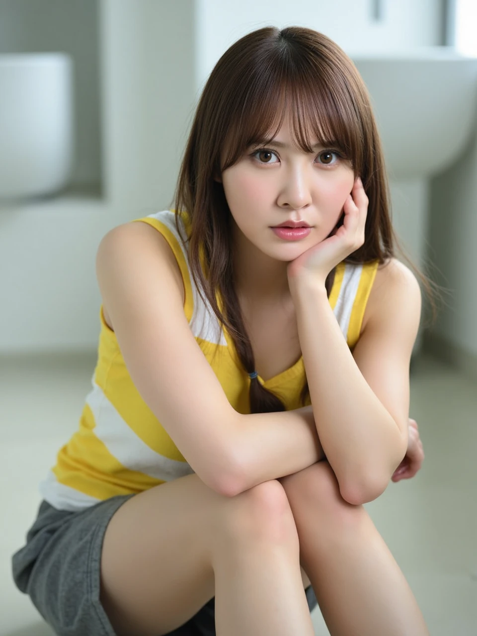 The image is a portrait of a young woman named katoshi sitting on the floor in a bathroom. Snow-white skin. She is wearing a yellow and white striped tank top and grey shorts. She has long brown hair with bangs and she is looking directly at the camera with a thoughtful expression on her face. Her hand is resting on her chin, as if she is deep in thought. The background is blurred, but it appears to be a modern bathroom with a sink and a mirror. The overall mood of the image is calm and contemplative.
Natural lighting.