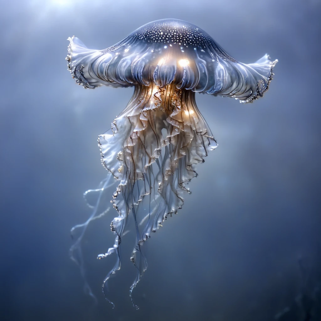 <lora:Ethereal_Gothic_EleganceSDXL:1> Ethereal Gothic Elegance, The image is a close-up of a jellyfish floating in the ocean. The jellyfish has a long slender body with a round head and a long tail. Its body is covered in small translucent tentacles that are spread out in a star-like pattern. The tentacles are a pale blue color and appear to be floating in a dark foggy background. The overall mood of the image is mysterious and ethereal., jellyfish, no humans, solo, simple background, full body, glowing, light particles