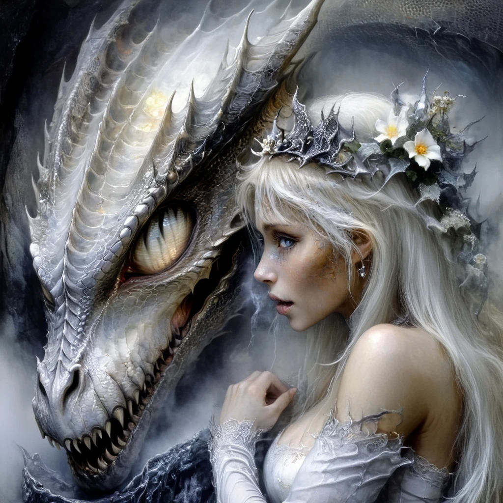 <lora:Ethereal_Gothic_EleganceSDXL:1> Ethereal Gothic Elegance, The image is a digital art piece that appears to be a fantasy or sci-fi scene. It features a close-up of a dragon's head and neck with its mouth open and teeth bared. The dragon's eyes are large and piercing and its mouth is open wide revealing sharp teeth. The head is covered in scales and has a fierce expression. In front of the dragon there is a young woman with long white hair wearing a white dress and a crown of flowers on her head. She is looking down at the dragon with a contemplative expression on her face. The background is dark and stormy with a hint of smoke and fog. The overall mood of the image is mystical and mystical., 1girl, blonde hair, long hair, dragon, realistic, breasts, pointy ears, horns, lips, fantasy
