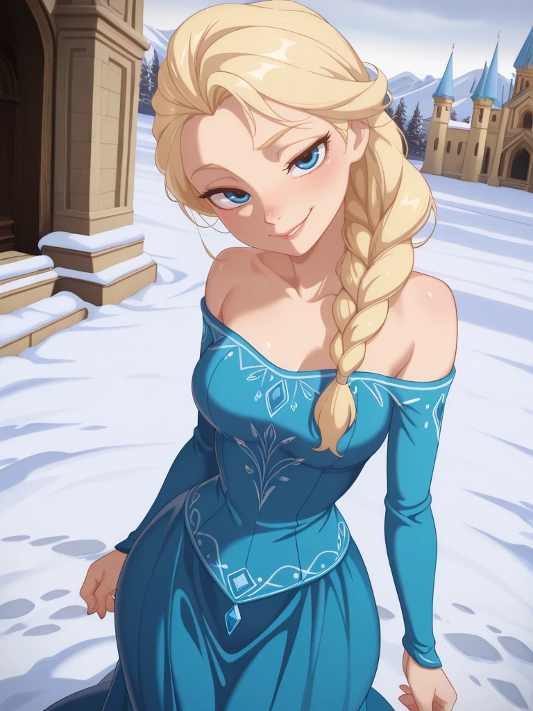 highres, hi res, best quality, masterpiece, intricate details, absurdres, 4k,, Theobrobine, anime coloring, anime screencap,,
1girl, medium breasts, narrow waist, wide hips, (ElsaXL:1.1), blonde hair, blue eyes, single braid, hair over shoulder, blue dress, bare shoulders, long sleeves, long skirt,
naughty face, dutch angle, naughty pose, looking at viewer, dynamic pose, cowboy shot, head tilt, from above, dutch angle, hands at side, snow, palace,
<lora:ElsaXL_Character:0.75> <lora:Antifreeze_IllXL:0.4> <lora:Theobrobine:0.4> <lora:Eufoniuz_Anime_Screencap_Illustrious:0.8>