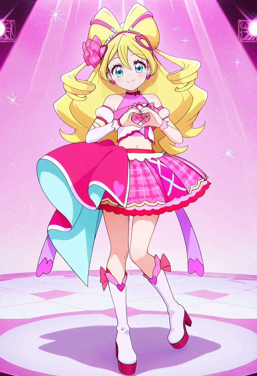 masterpiece, best quality, absurdres, very aesthetic, general,
cure idol, 1girl, solo, blonde hair, smile, heart hands, pink bow, hair bow, navel, blue eyes, knee boots, drill hair, pink skirt, looking at viewer, standing, full body, midriff, white footwear, multicolored hair, twin drills, standing on one leg, wrist cuffs, two-tone hair, streaked hair, purple background, leg up, navel cutout, spotlight, ponytail, closed mouth, sparkle, pink background, plaid skirt, heart hair ornament, arm warmers, layered skirt, detached sleeves, hair ribbon, aqua eyes, very long hair, puffy short sleeves, eyelashes, big hair, stage, hair between eyes, pink dress, floating hair, pink footwear, stage lights, high heel boots, pink hair, heart earrings, happy, frills, pink choker, miniskirt, light particles, layered dress, crop top, pink hairband, gradient hair, bare shoulders, pink theme, sleeveless, back bow, sidelocks, stomach, pleated skirt, purple bow, pink ribbon, eyebrows visible through hair, heart cutout, curly hair, blush, confetti,
<lora:cure_idol_sakura_uta_illustXL_locon_v1:0.8>