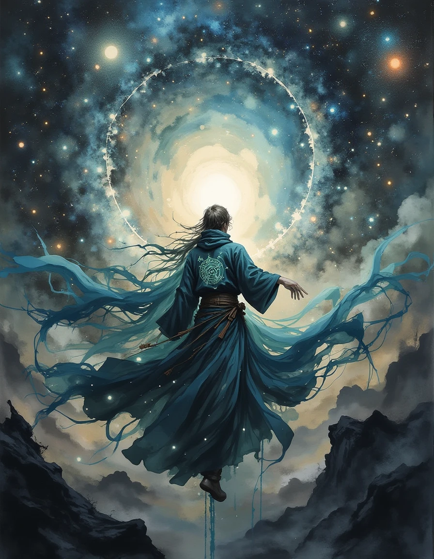 A dinkwfsn style painting,  An interstellar mage, their skin etched with luminous constellations, manipulates floating sigils of light as they weave new cosmic realities. Suspended within the event horizon of a black hole, they defy time and space, their cybernetic robes flowing with impossible fluidity. The gravitational distortions create mesmerizing patterns of light and shadow, framing the mage in an awe-inspiring celestial dance. A dynamic top-down view enhances the infinite depth of the surrounding void., <lora:Mystic-Fusion_v10:1>