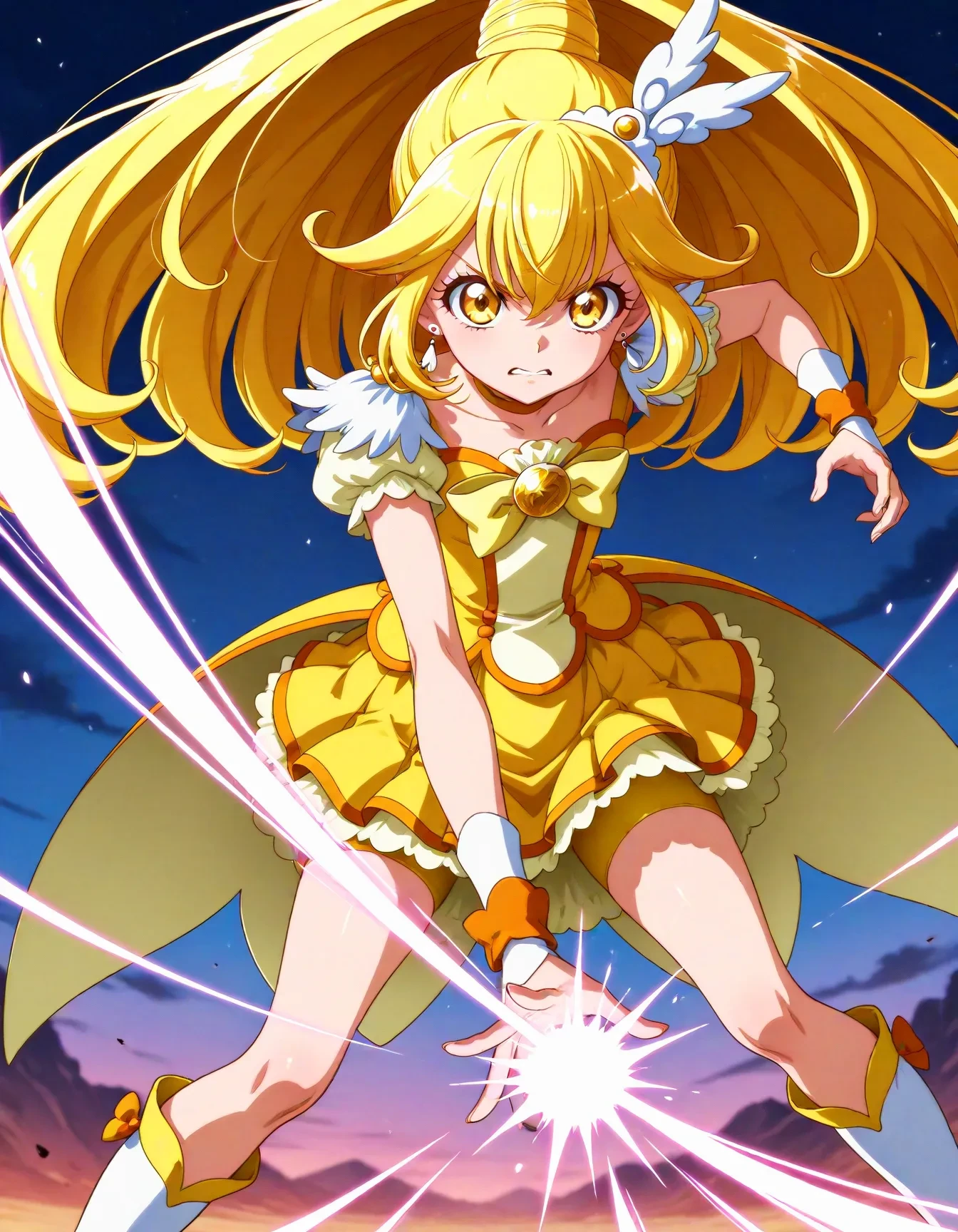 <lora:dmd2_sdxl_4step:1>,official style,masterpiece,best quality,newest,absurdres,highres,very awa,Anime,anime coloring,anime screencap,<lora:Cure_Peace_V1:1>,cure peace,1girl,yellow eyes,wide ponytail,hair flaps,hair between eyes,yellow hair,hair ornament,wing ornament,tiara,yellow choker,feather earrings,yellow bow,yellow shorts,yellow skirt,bike shorts,shorts under skirt,orange wrist cuffs,knee boots,depth_of_field,abstract_background,fighting_stance,beam from hand,angry,reaching,leave,