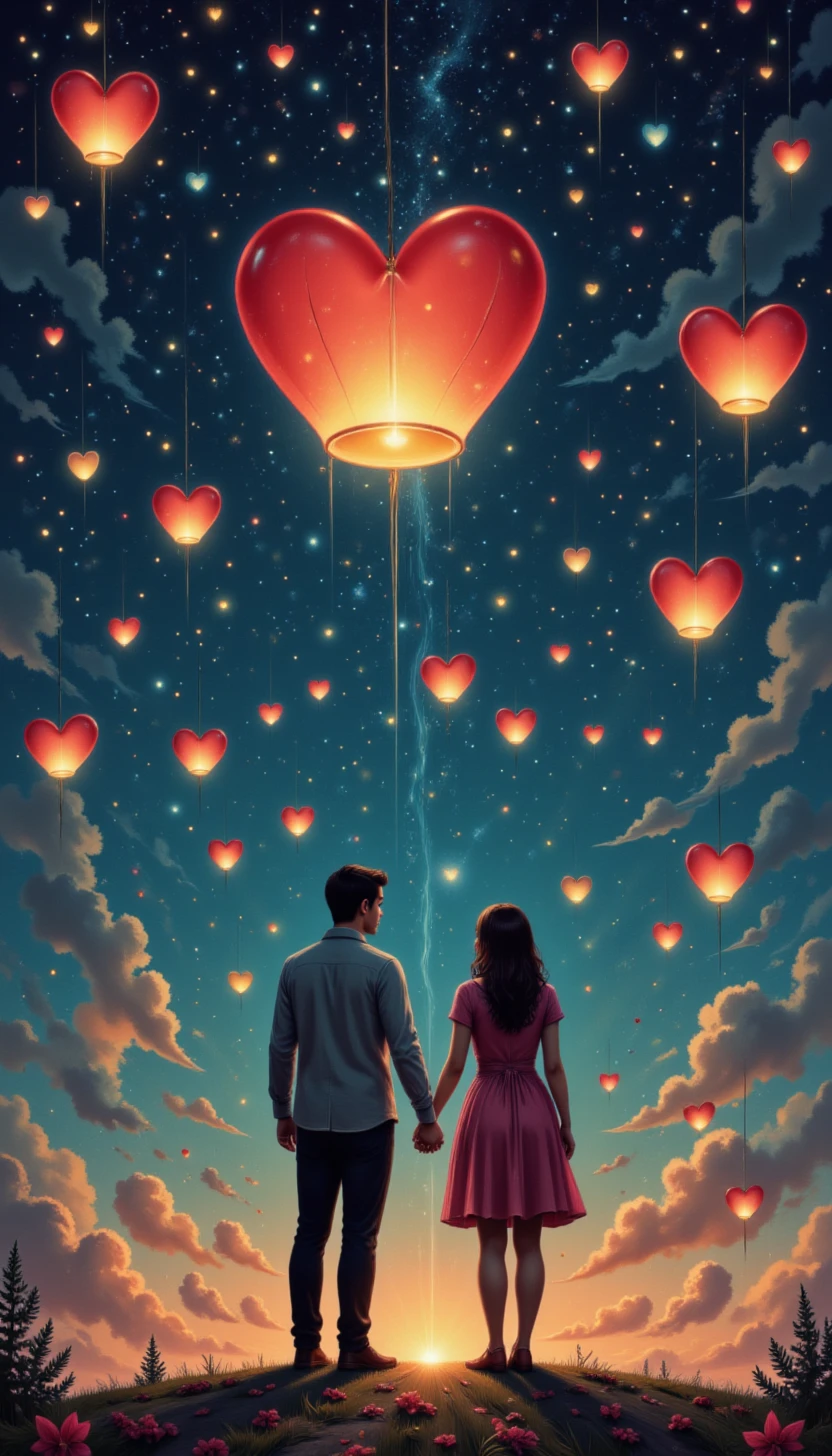 pinkvintagevalentine,
A couple holding hands beneath a starlit sky, surrounded by floating, glowing heart-shaped lanterns drifting gently into the night.