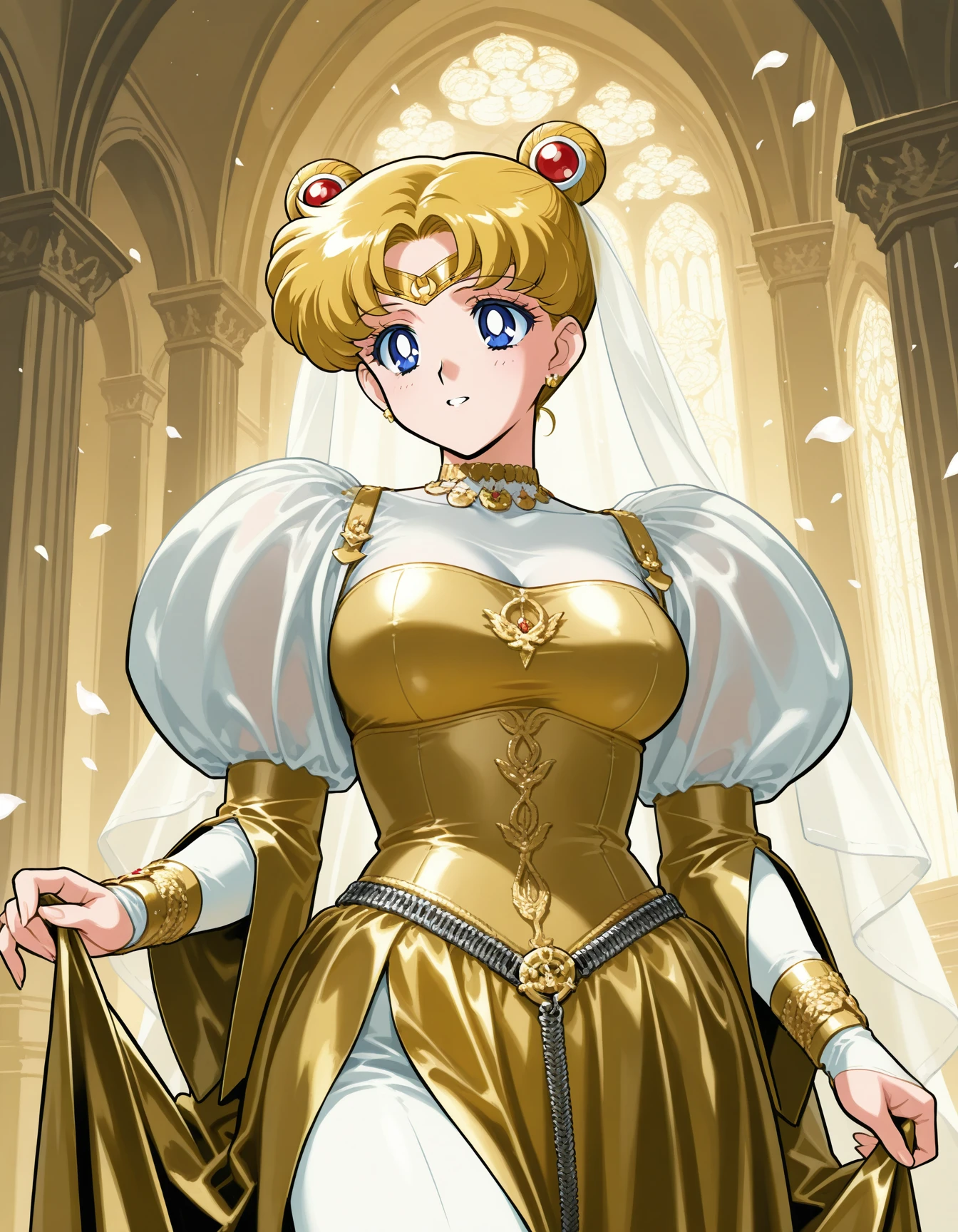 (araizumi rui),  1girl, solo, sailor moon, gold ballgown,  circlet, dramatic eyeliner, armlets,  bridal gauntlets, large breasts, bridal veil, corset, shoulder straps, juliet sleeves, (puffy sleeves), cathedral, falling petals, jewelry,circlet, belt accessory, belt chain,   <lora:DamselElodieBridal-ILXL2025-02-04_00-26-47-save-600-24-0:0.8>, cowboy shot, masterpiece, best quality, very aesthetic, newest