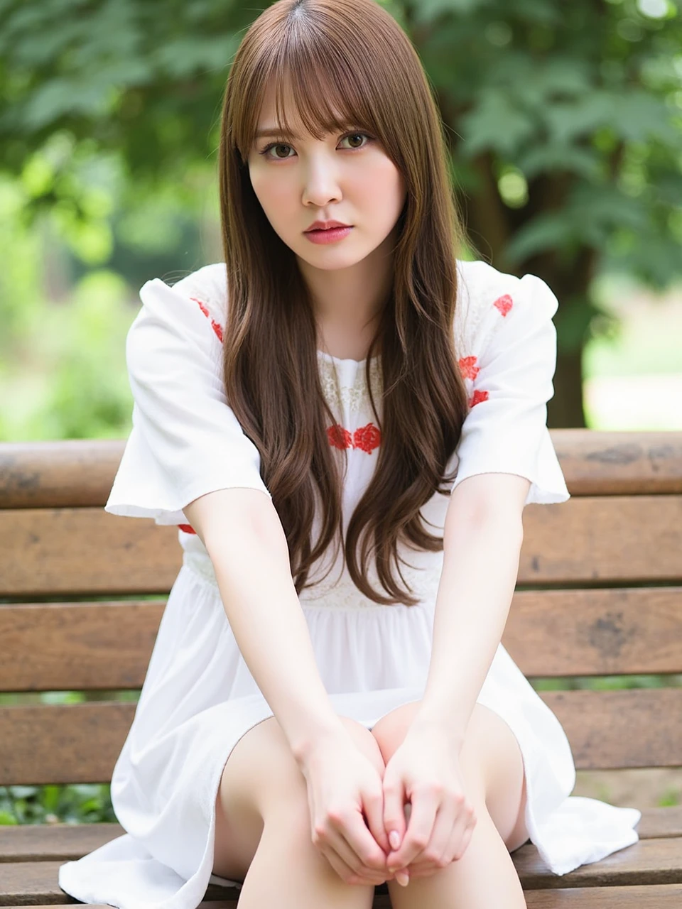 The image is a portrait of a young woman named katoshi with long straight brown hair and bangs. She is sitting on a wooden bench with her legs crossed and her arms resting on her knees. She has a serious expression on her face and is looking directly at the camera. The background is blurred, but it appears to be an outdoor setting with trees and greenery. The woman is wearing a white dress with red flowers on it. The overall mood of the image is peaceful and serene.
photography works, Soft lighting.
