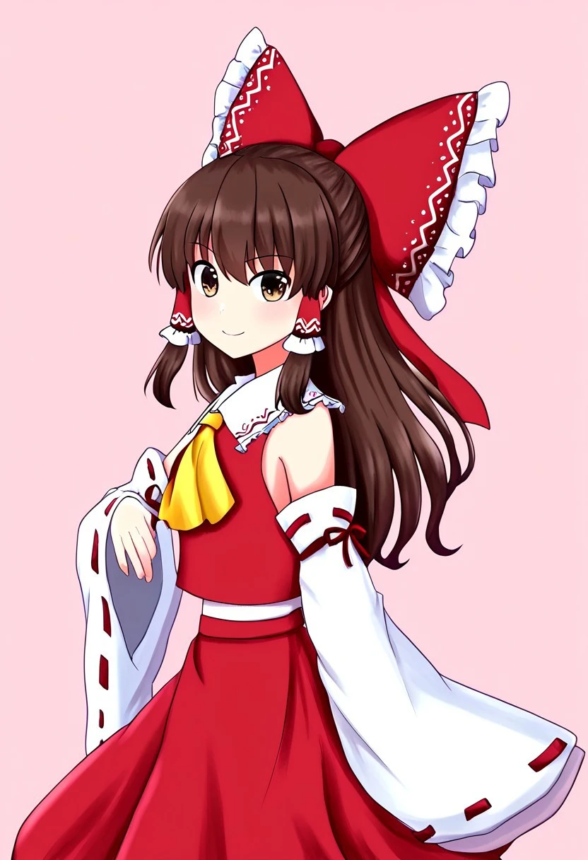 fusu style, 145, pink background, 1girl, solo, looking at viewer, ((hakurei reimu)), standing, posing, smile, closed mouth, hair bow, hair tubes, (long hair), (brown hair), frilled hair tubes, (brown eyes), bow, red bow, detached sleeves, skirt, frilled bow, red skirt, ribbon trim, ribbon-trimmed sleeves, wide sleeves, frills, ascot, yellow ascot