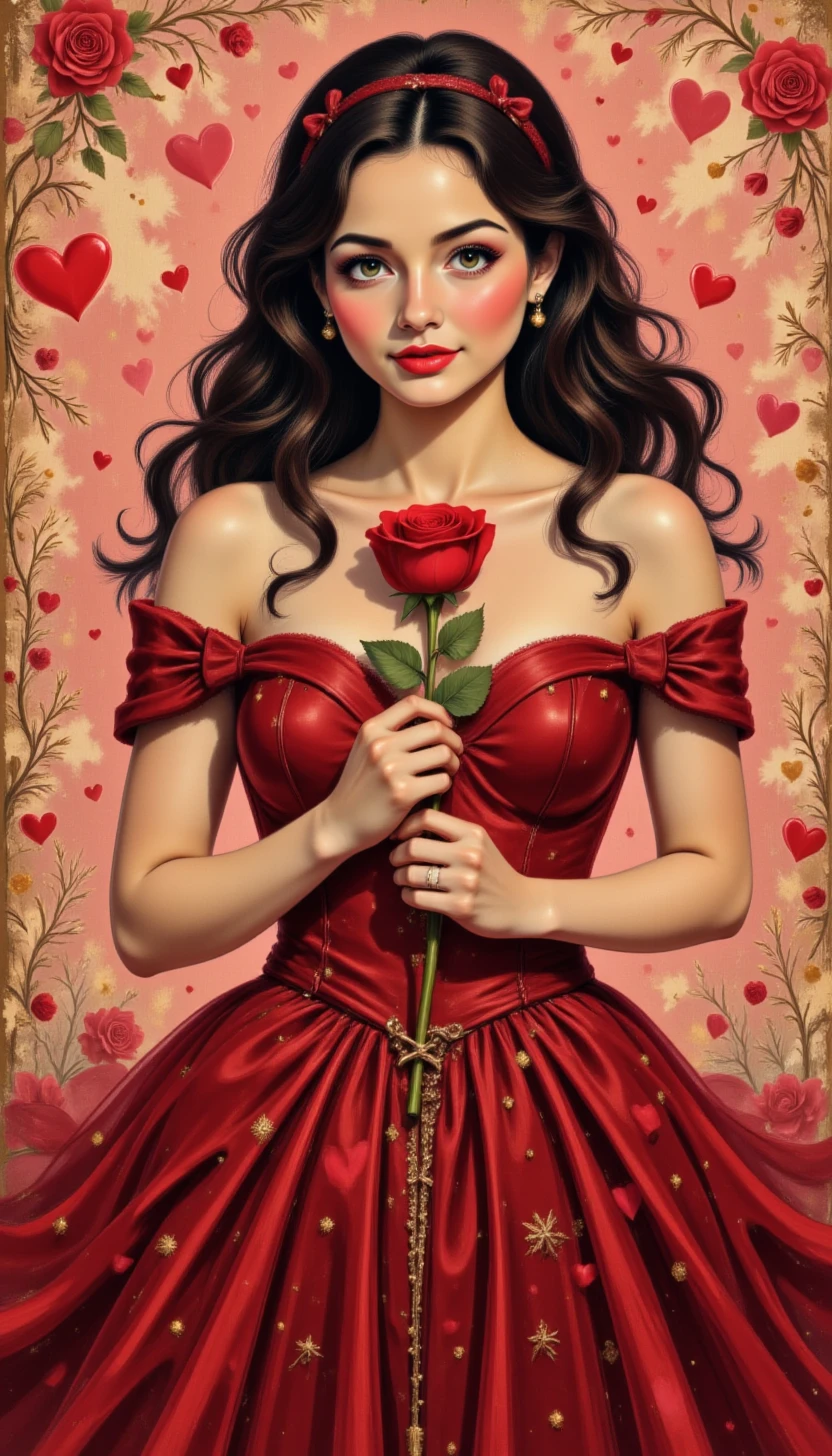 pinkvintagevalentine,
A graceful woman with flowing dark hair, wearing a deep red velvet gown, gently holding a single rose close to her chest, her expression filled with longing.