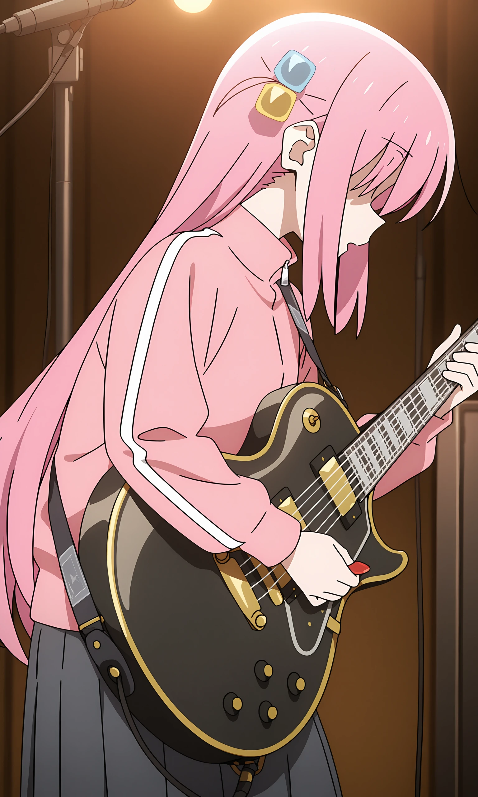 anime coloring, (anime screencap) masterpiece, detailed face, <lora:Bocchi-20:0.8>Bocchi, cube hair ornament, 1girl, hair over eyes, instrument, long hair, pink hair, solo, electric guitar, hair ornament, jacket, holding instrument, guitar, skirt, track jacket, holding, gibson les paul, pink jacket, playing instrument, music, pants under skirt, one side up, long sleeves, grey skirt, blurry, pleated skirt, black skirt, blurry background, very long hair, standing, bangs, faceless female, pants, indoors, long skirt, faceless, leaning forward, plectrum, sidelocks, cowboy shot, from side, track pants,((cowboy shot)), stage, backlights,