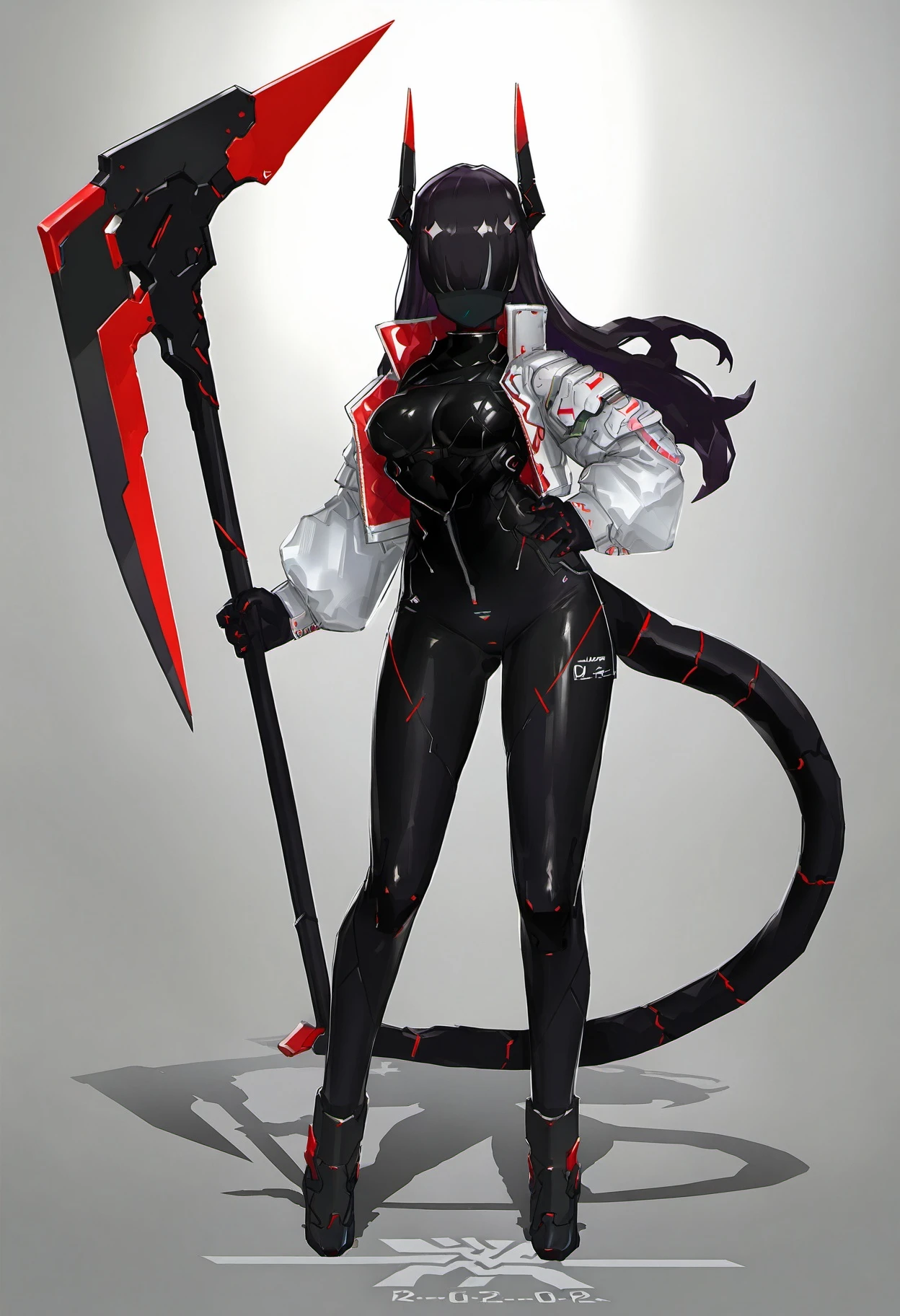masterpiece, best quality, <lora:echanis_enicha_style_ill_v3:1> styleechanisenicha, 1girl, solo, long hair, breasts, black hair, long sleeves, holding, medium breasts, jacket, tail, full body, weapon, multicolored hair, open clothes, grey background, holding weapon, hand on own hip, colored skin, bodysuit, shadow, white jacket, zipper, black bodysuit, scythe, axe, black skin, mechanical tail