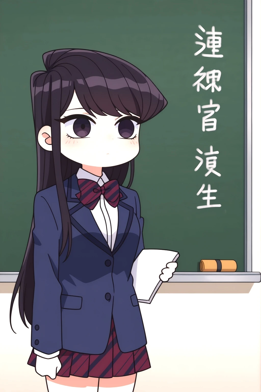<lora:Shouko_Komi:0.8> Shouko Komi, rating safe, solo, long hair, skirt, black hair, long sleeves, holding, bow, jacket, school uniform, bowtie, striped clothes, blue jacket, no mouth, chalkboard, diagonal-striped clothes, chalk