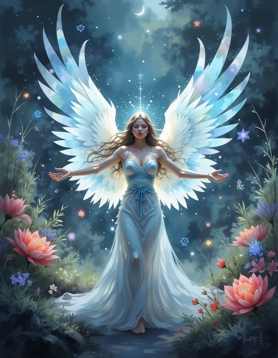 A dinkwfsn style painting, A powerful, ethereal being with crystalline wings stands in a holographic garden, surrounded by plants that glow with a soft, bioluminescent light. The being is surrounded by floating symbols and shimmering energy that radiate from the wings, casting light across the magical plants. The scene is filled with a peaceful, serene atmosphere, evoking a sense of mysticism and ancient power. The composition is a close-up shot from a slight above angle, with soft, glowing light filtering through the holographic flora., <lora:Mystic-Fusion_v10:1>